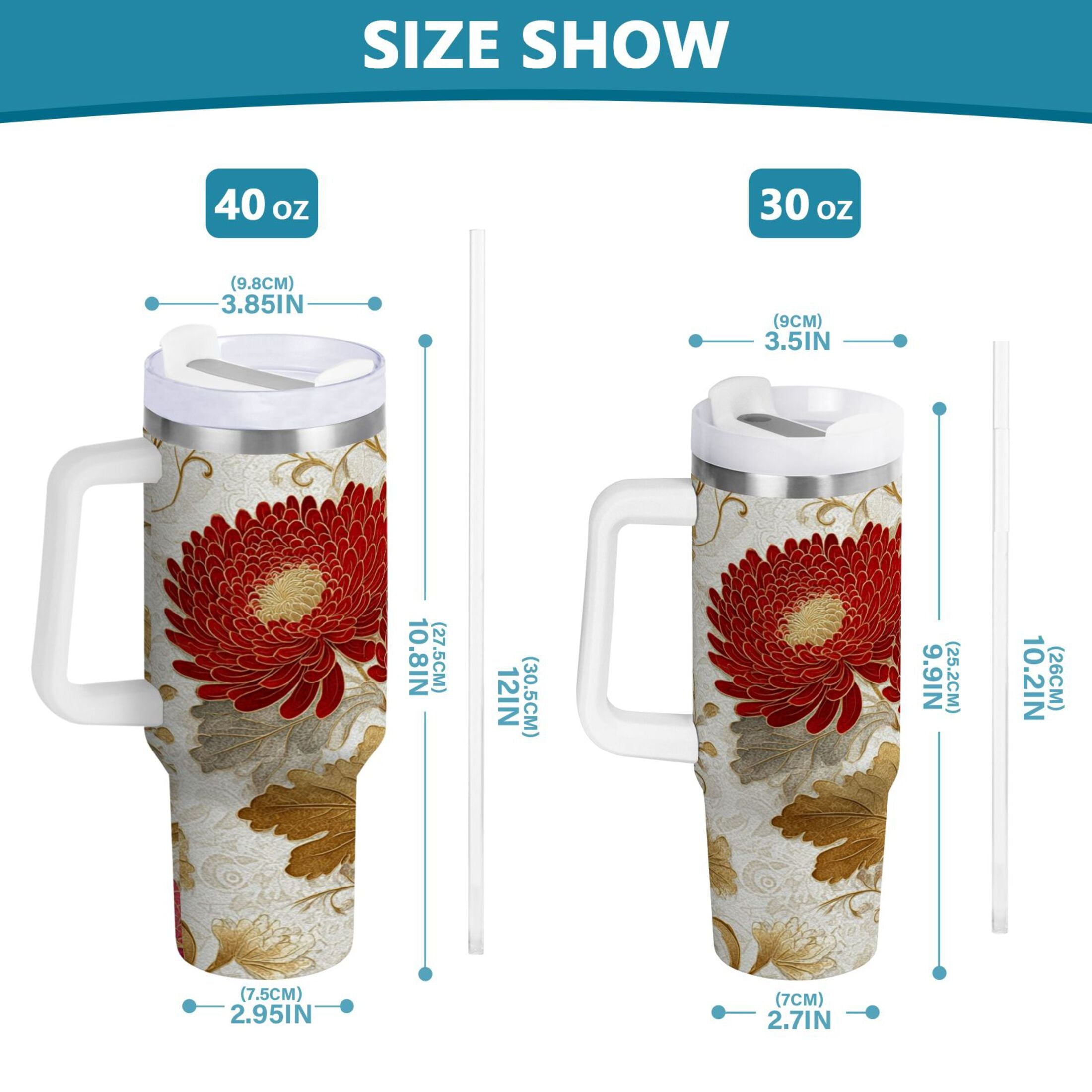 30 oz Insulated Stainless Steel Tumbler Double Wall Stainless Steel Tumbler with 2-Way Drinking Red Chrysanthemum Pattern M676A