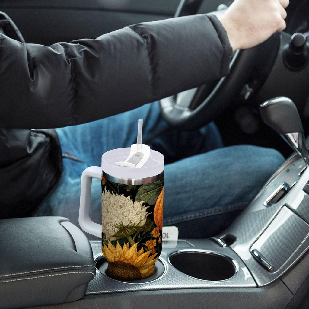 40 oz Insulated Stainless Steel Tumbler Double Wall Stainless Steel Tumbler with 2-Way Drinking Pumpkins and Sunflowers Pattern M560R