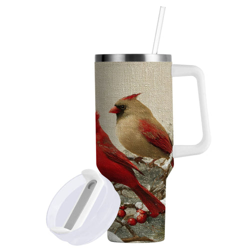 30 oz Insulated Stainless Steel Tumbler Double Wall Stainless Steel Tumbler with 2-Way Drinking Bird and Snow-covered Trees M615E