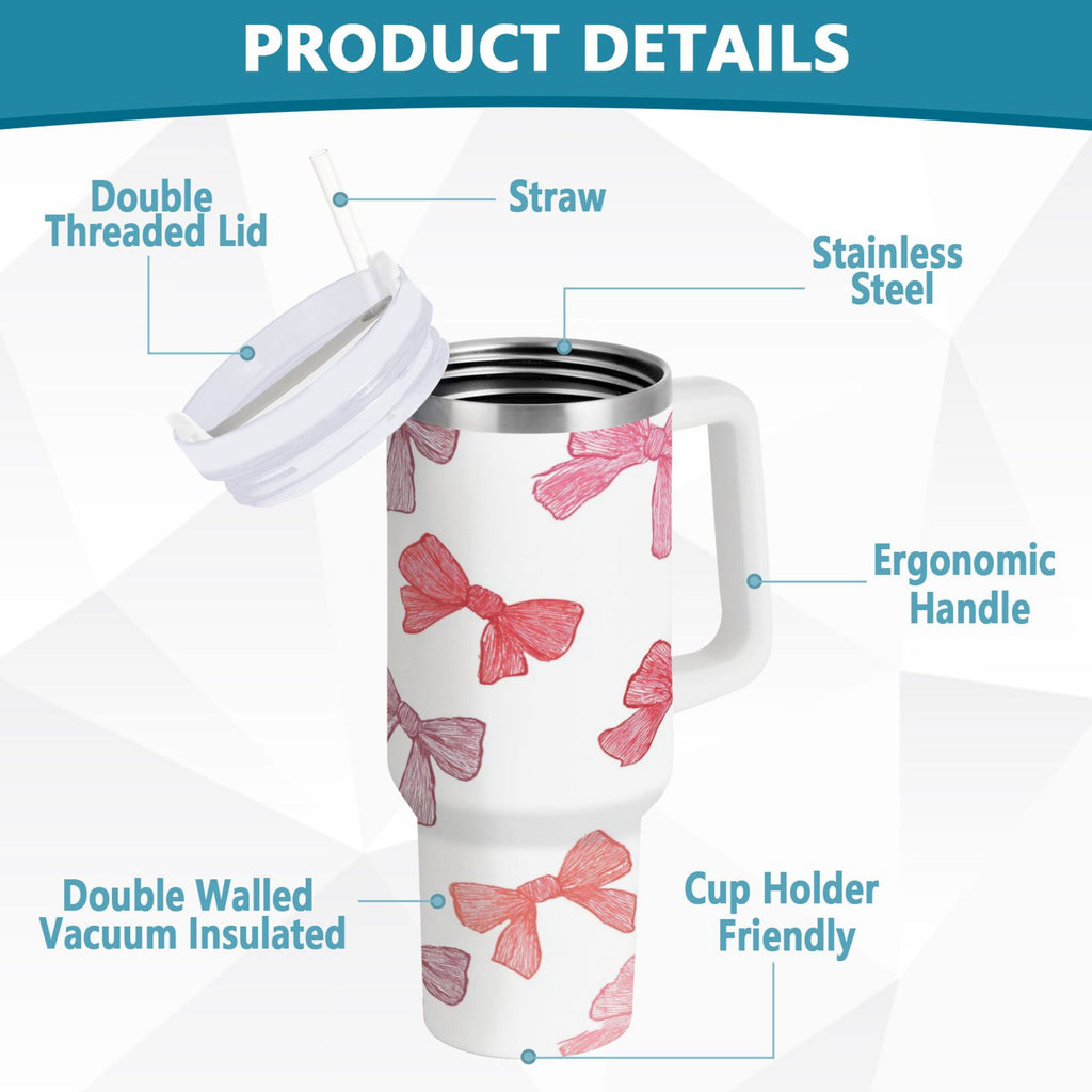 40 oz Insulated Stainless Steel Tumbler Double Wall Stainless Steel Tumbler with 2-Way Drinking Pink Bows Pattern M570E
