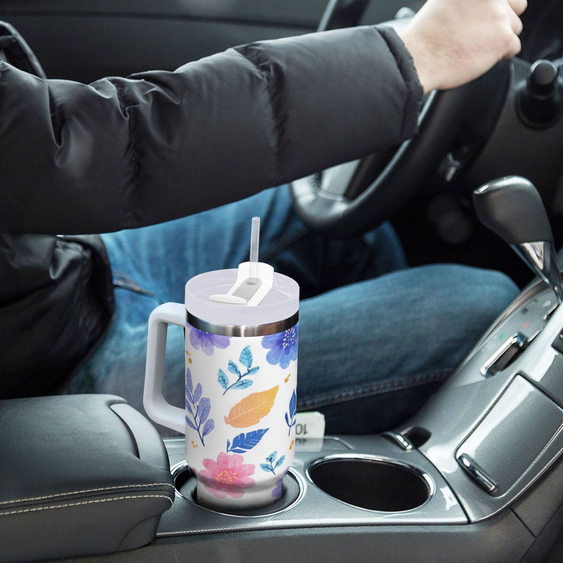 30 oz Insulated Stainless Steel Tumbler Double Wall Stainless Steel Tumbler with 2-Way Drinking Blue and Purple Flowers M522U