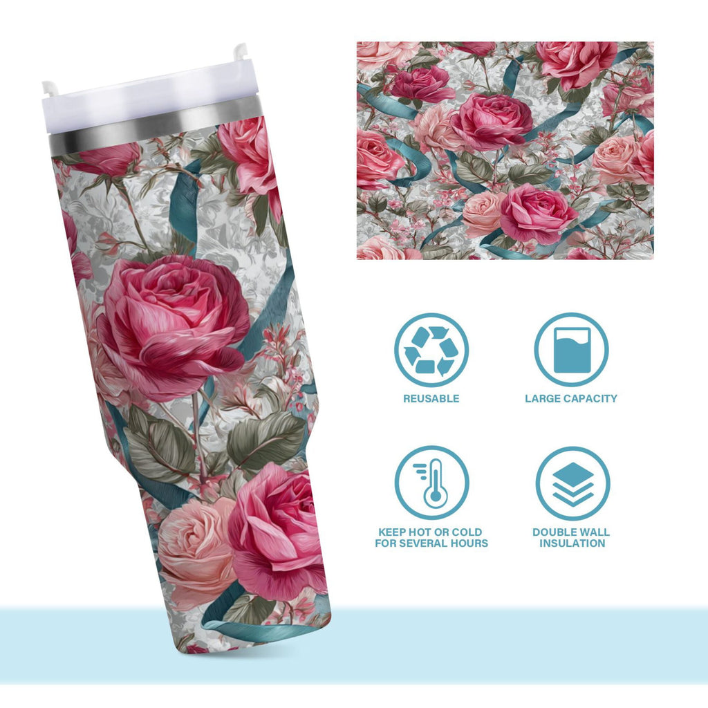 30 oz Insulated Stainless Steel Tumbler Double Wall Stainless Steel Tumbler with 2-Way Drinking Roses and Ribbons M675U