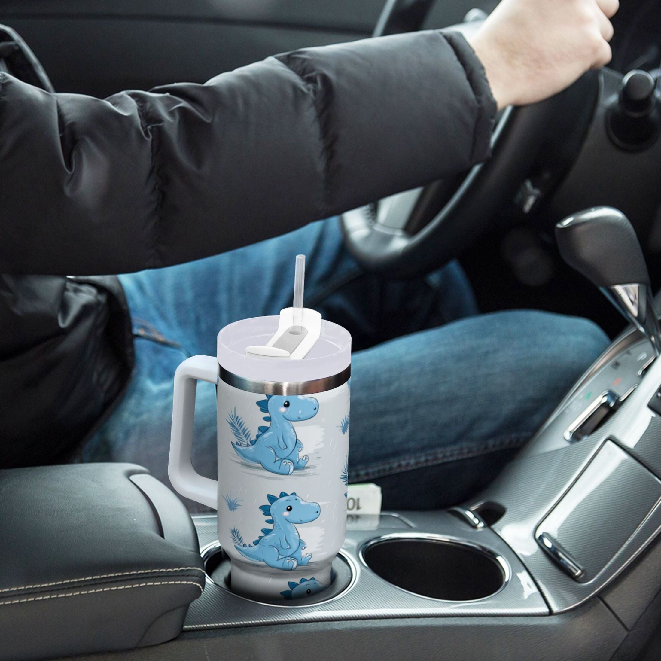 30 oz Insulated Stainless Steel Tumbler Double Wall Stainless Steel Tumbler with 2-Way Drinking Cartoon Blue Dinosaurs M495P