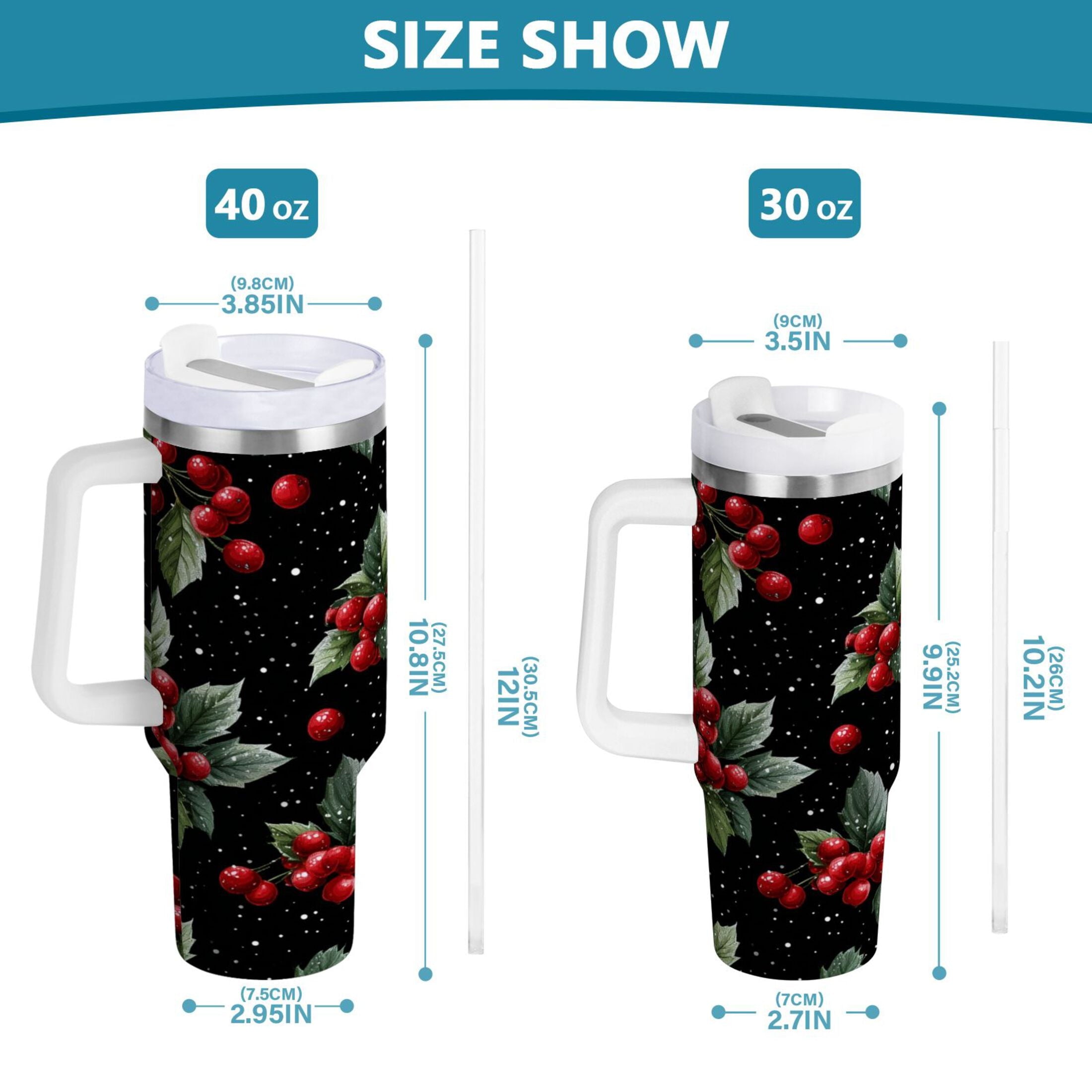 40 oz Insulated Stainless Steel Tumbler Double Wall Stainless Steel Tumbler with 2-Way Drinking Red Holly Berries Pattern M652L