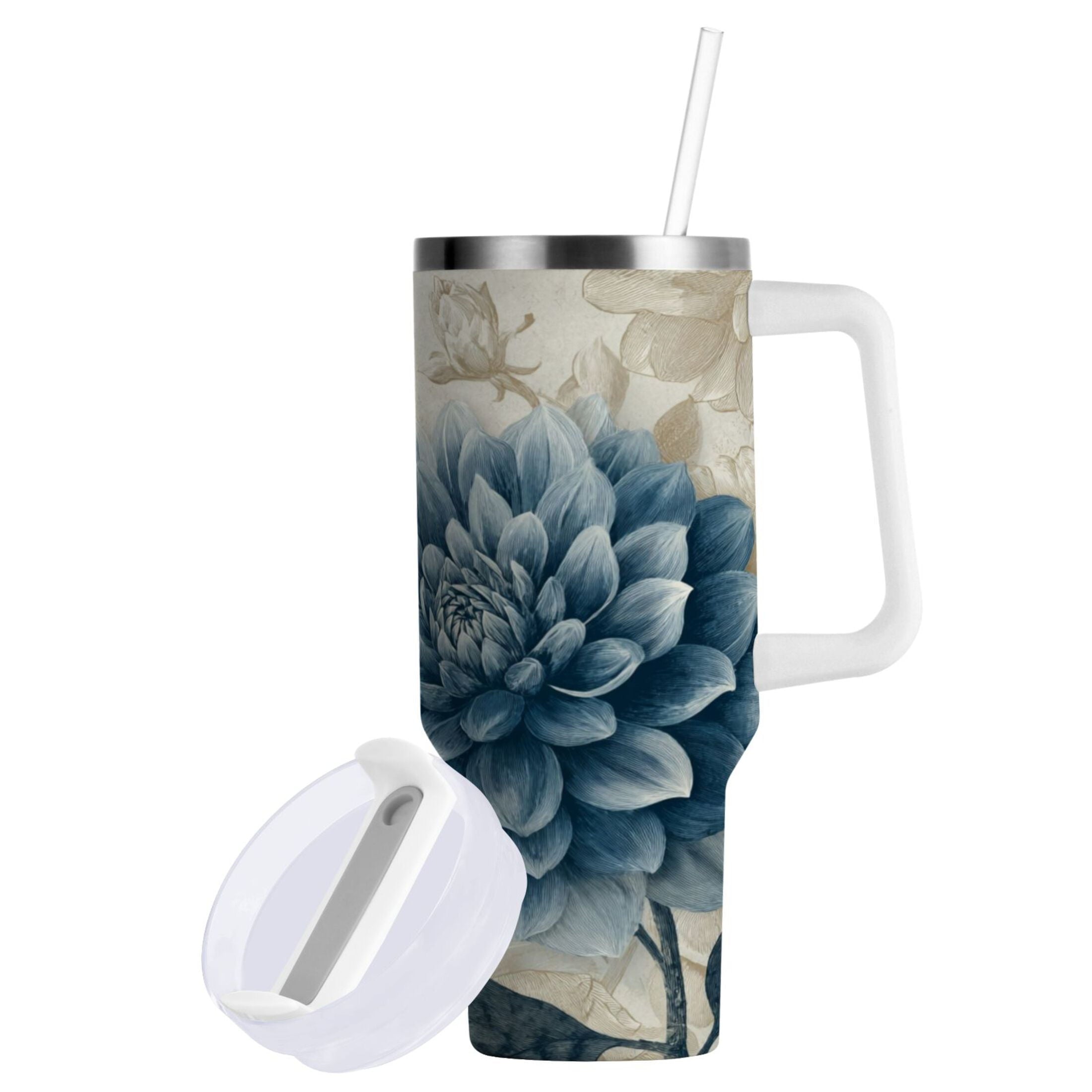 40 oz Insulated Stainless Steel Tumbler Double Wall Stainless Steel Tumbler with 2-Way Drinking Blue Flower with Butterflies M462U