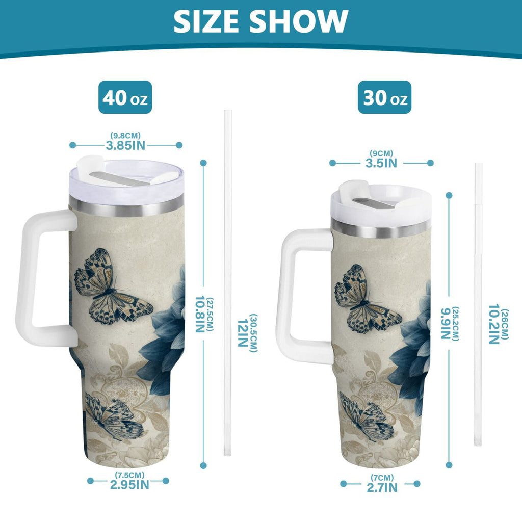 40 oz Insulated Stainless Steel Tumbler Double Wall Stainless Steel Tumbler with 2-Way Drinking Blue Flower with Butterflies M462U