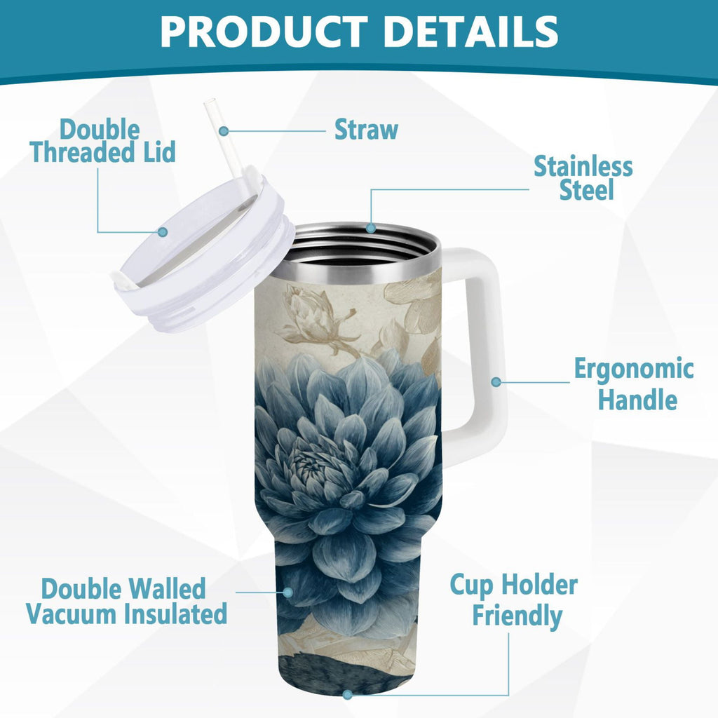40 oz Insulated Stainless Steel Tumbler Double Wall Stainless Steel Tumbler with 2-Way Drinking Blue Flower with Butterflies M462U