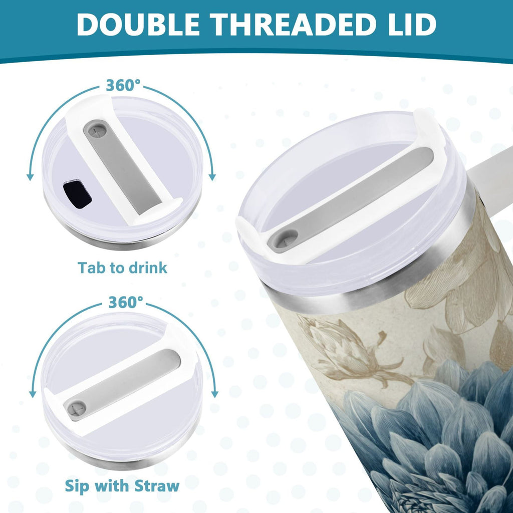 40 oz Insulated Stainless Steel Tumbler Double Wall Stainless Steel Tumbler with 2-Way Drinking Blue Flower with Butterflies M462U