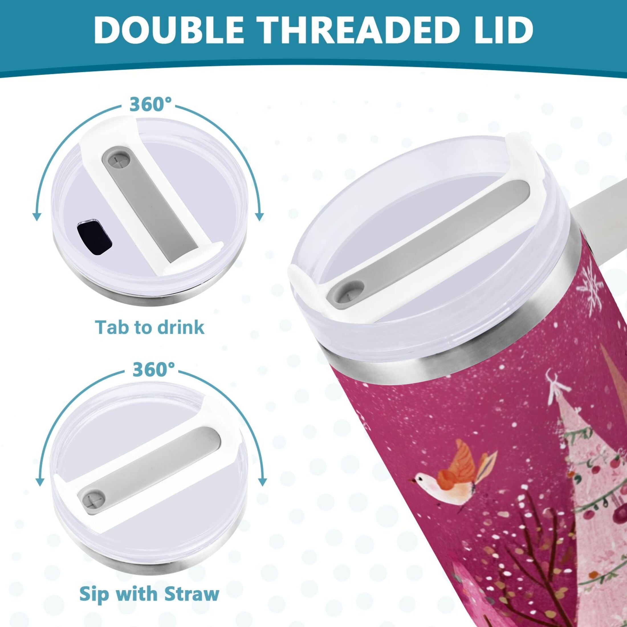 40 oz Insulated Stainless Steel Tumbler Double Wall Stainless Steel Tumbler with 2-Way Drinking Pink Christmas Forest M512A