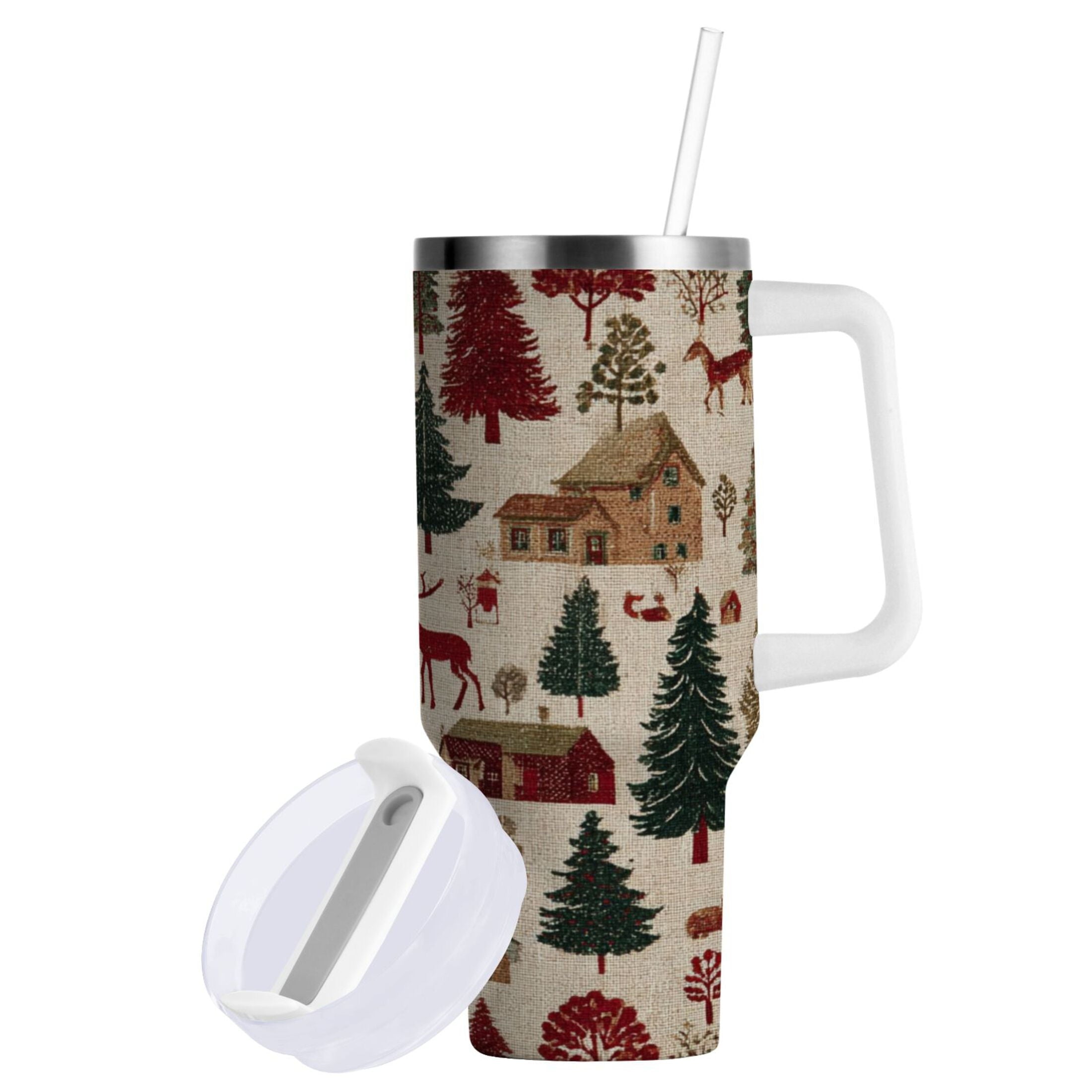 30 oz Insulated Stainless Steel Tumbler Double Wall Stainless Steel Tumbler with 2-Way Drinking Christmas Trees Deer and Houses M577Y