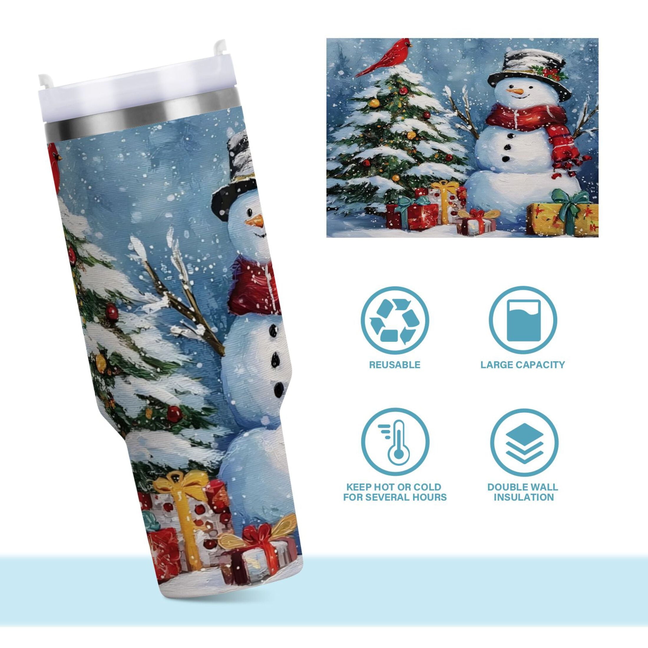 30 oz Insulated Stainless Steel Tumbler Double Wall Stainless Steel Tumbler with 2-Way Drinking Christmas Scene with Snowman M642Q