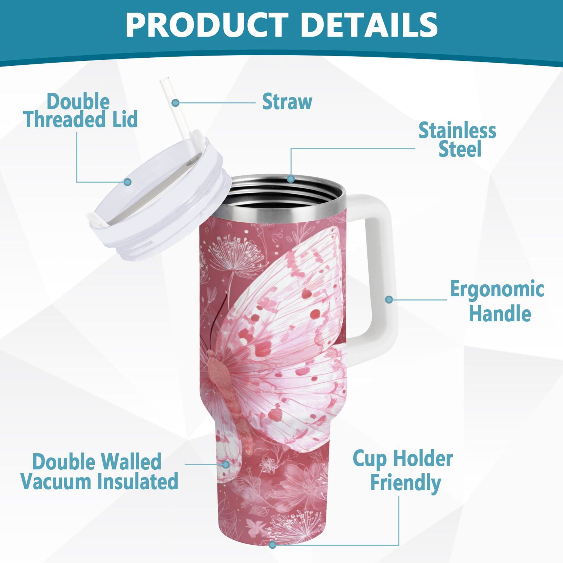 30 oz Insulated Stainless Steel Tumbler Double Wall Stainless Steel Tumbler with 2-Way Drinking Soft Pink Butterfly M561N