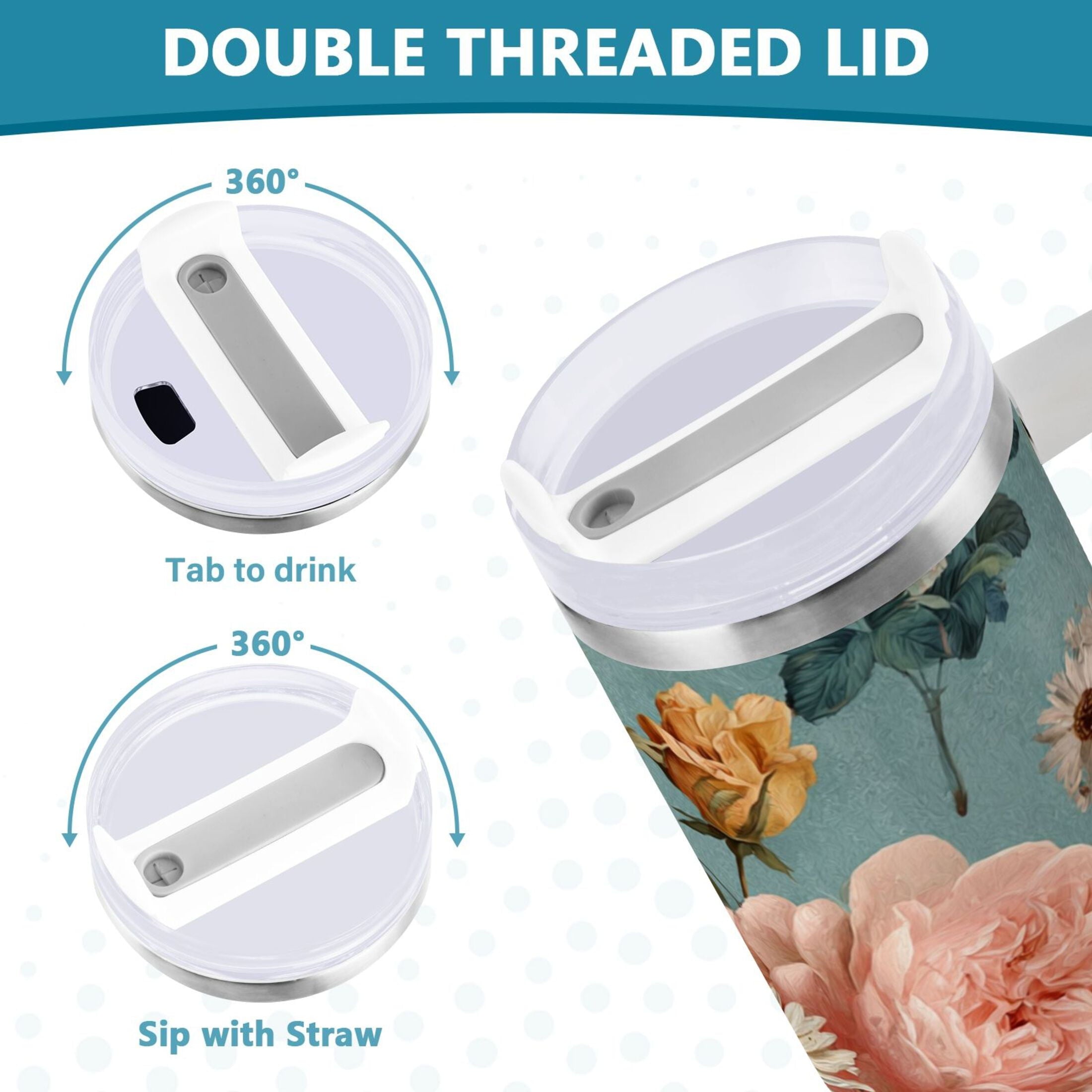 30 oz Insulated Stainless Steel Tumbler Double Wall Stainless Steel Tumbler with 2-Way Drinking Vintage Roses and Peonies M667U