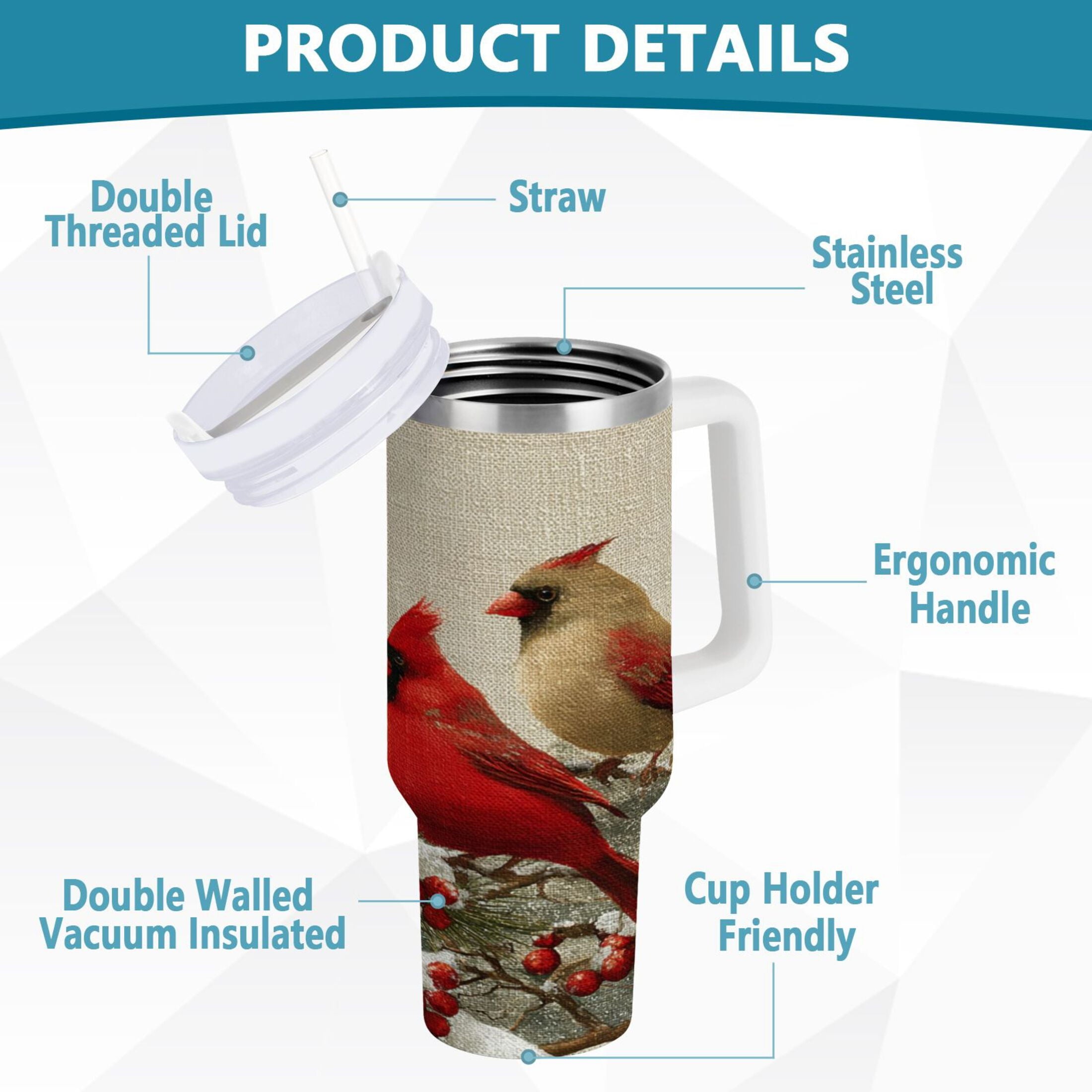 30 oz Insulated Stainless Steel Tumbler Double Wall Stainless Steel Tumbler with 2-Way Drinking Bird and Snow-covered Trees M615E