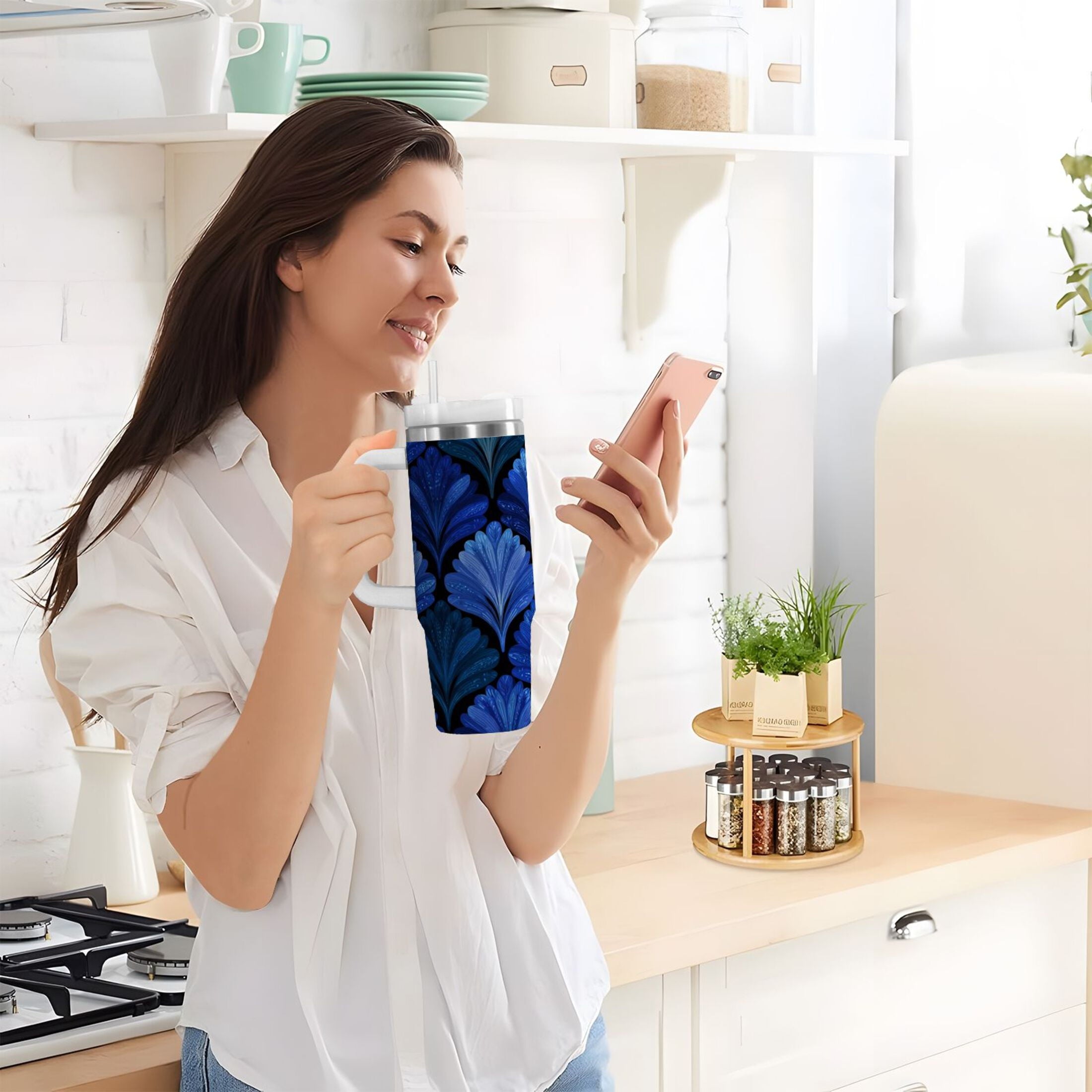 30 oz Insulated Stainless Steel Tumbler Double Wall Stainless Steel Tumbler with 2-Way Drinking Blue Batik Leaves Pattern M525X