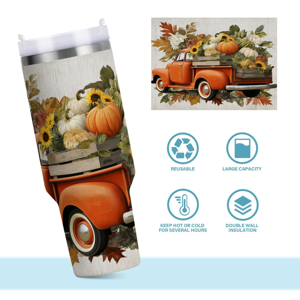 40 oz Insulated Stainless Steel Tumbler Double Wall Stainless Steel Tumbler with 2-Way Drinking Truck Full Of Pumpkins M650Q