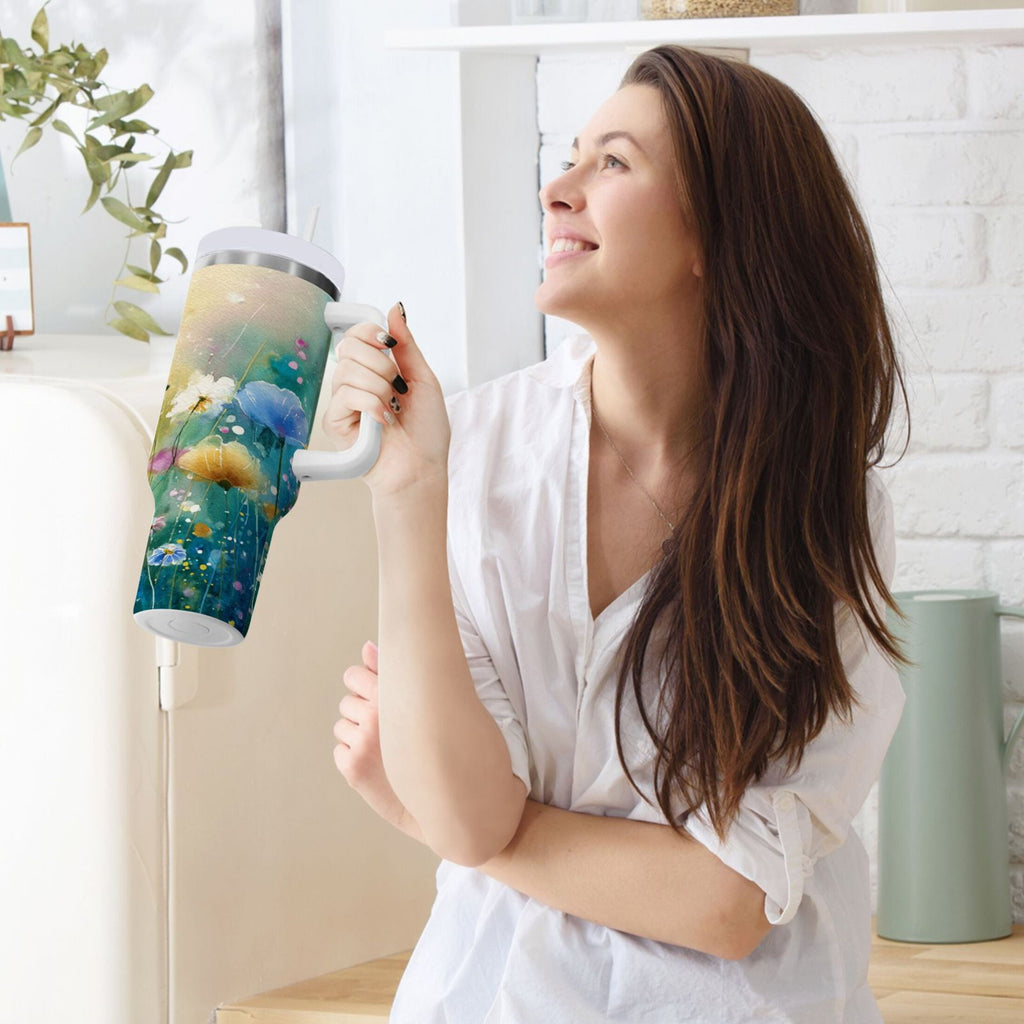 30 oz Insulated Stainless Steel Tumbler Double Wall Stainless Steel Tumbler with 2-Way Drinking Watercolor Wildflowers M563C