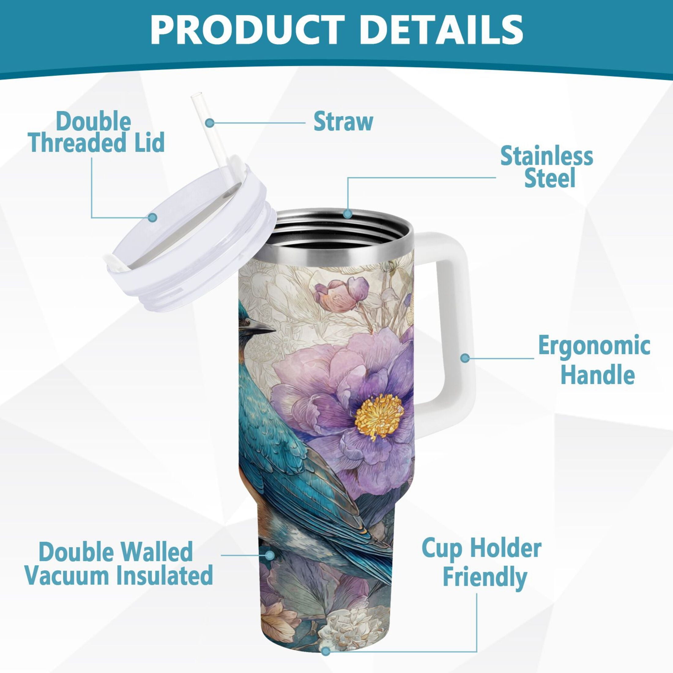 30 oz Insulated Stainless Steel Tumbler Double Wall Stainless Steel Tumbler with 2-Way Drinking Bluebird and Flower M538M
