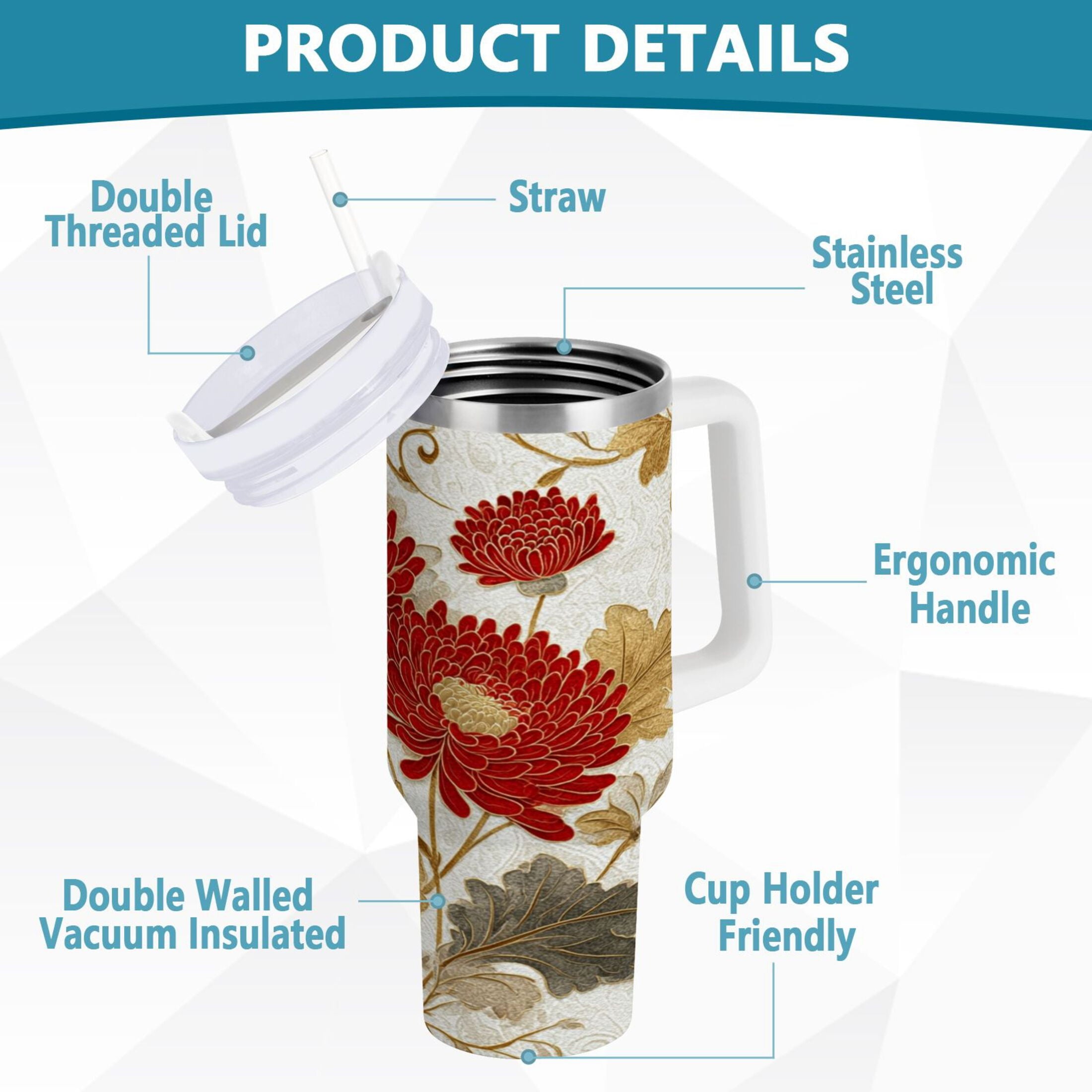 30 oz Insulated Stainless Steel Tumbler Double Wall Stainless Steel Tumbler with 2-Way Drinking Red Chrysanthemum Pattern M676A