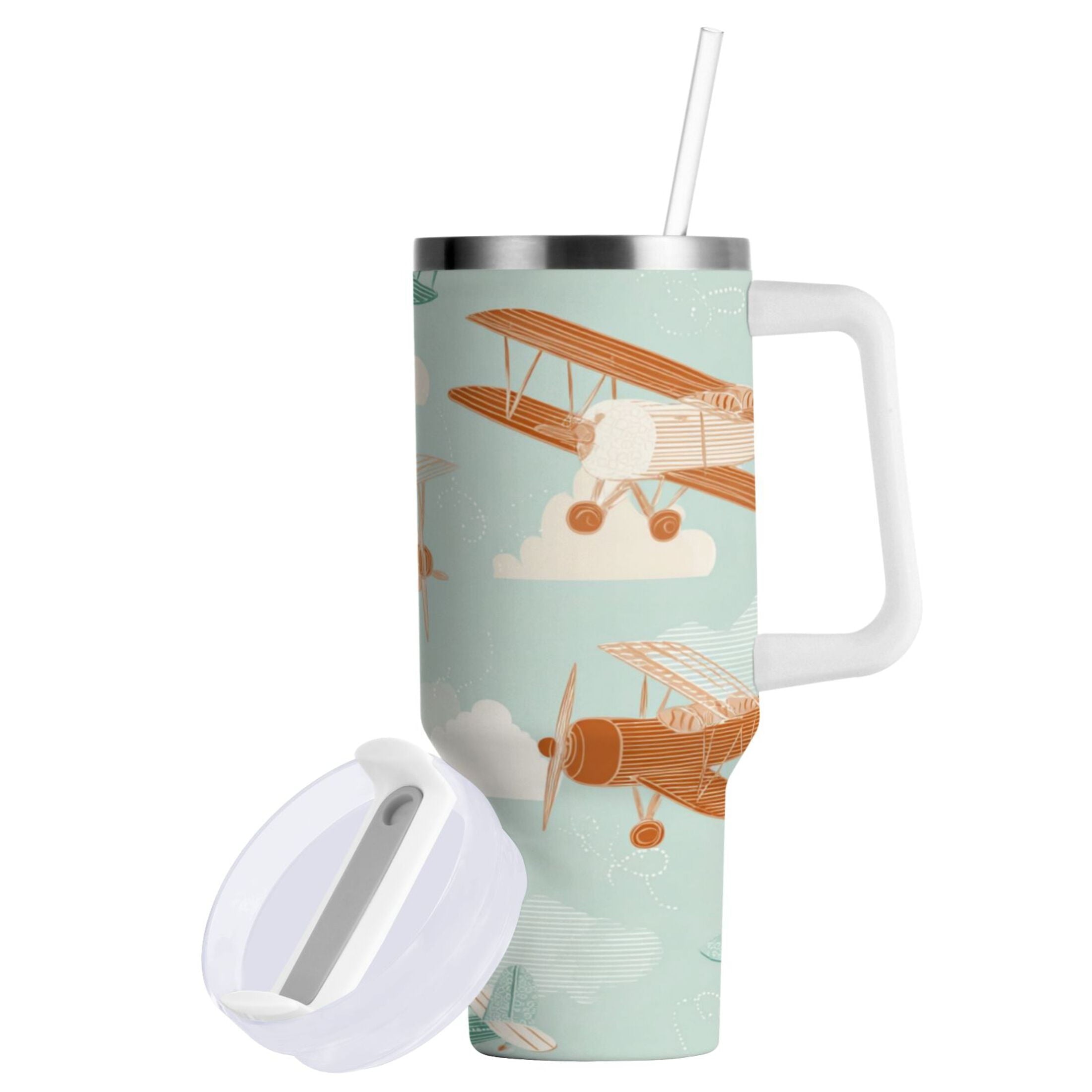 40 oz Insulated Stainless Steel Tumbler Double Wall Stainless Steel Tumbler with 2-Way Drinking Cute Airplanes M647B