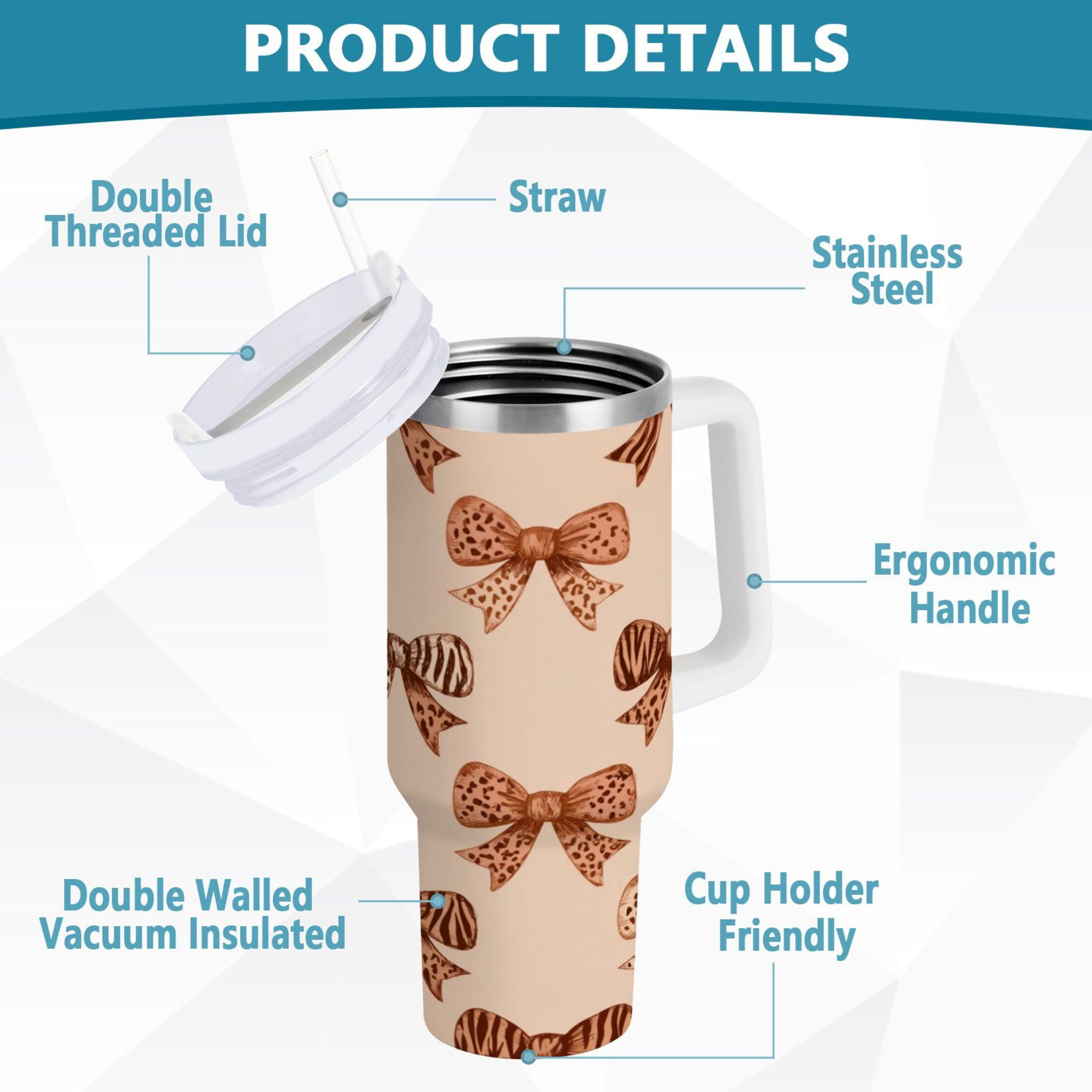 40 oz Insulated Stainless Steel Tumbler Double Wall Stainless Steel Tumbler with 2-Way Drinking Leopard Print Bow M550L