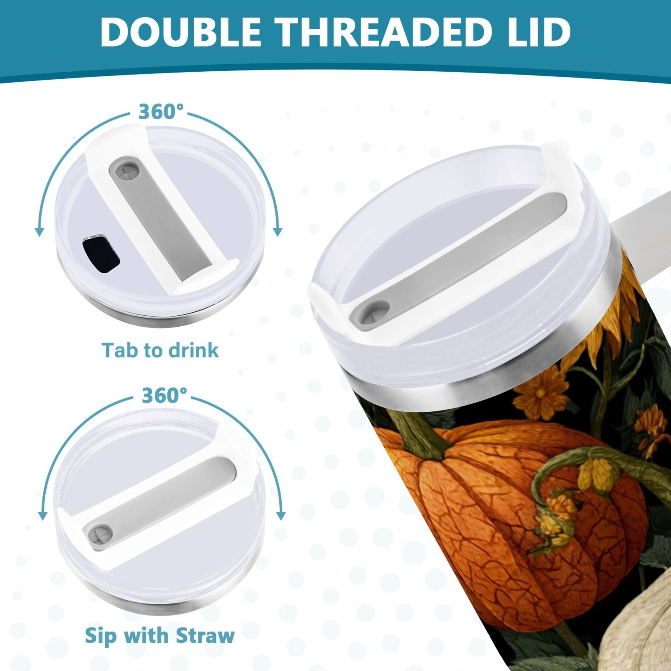 40 oz Insulated Stainless Steel Tumbler Double Wall Stainless Steel Tumbler with 2-Way Drinking Pumpkins and Sunflowers Pattern M560R
