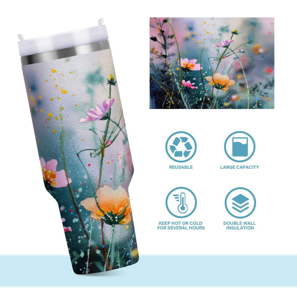40 oz Insulated Stainless Steel Tumbler Double Wall Stainless Steel Tumbler with 2-Way Drinking Abstract Wildflowers M504D