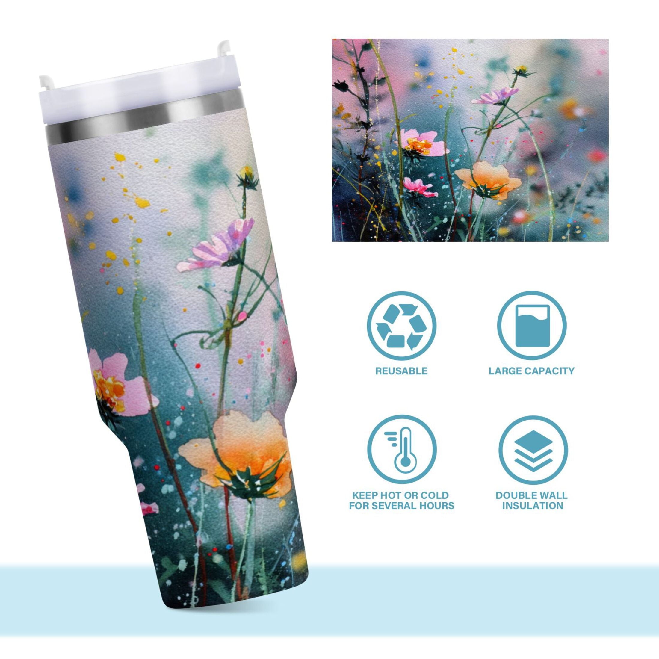 40 oz Insulated Stainless Steel Tumbler Double Wall Stainless Steel Tumbler with 2-Way Drinking Abstract Wildflowers M504D