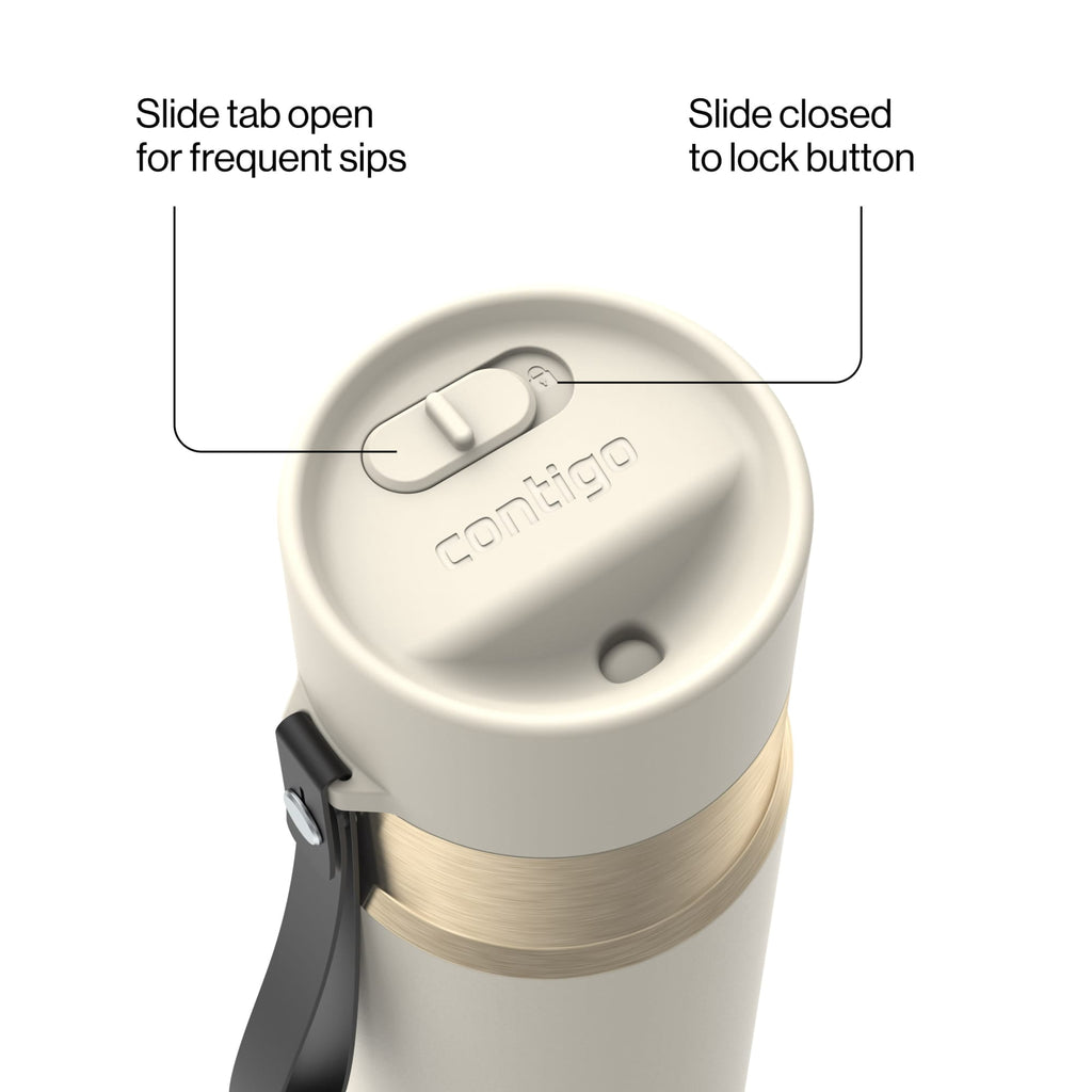 Contigo AutoSeal Leakproof Stainless Steel Reusable Water Bottle Tumbler with Carrying Strap, Cream/Champagne, 24 oz M19Y