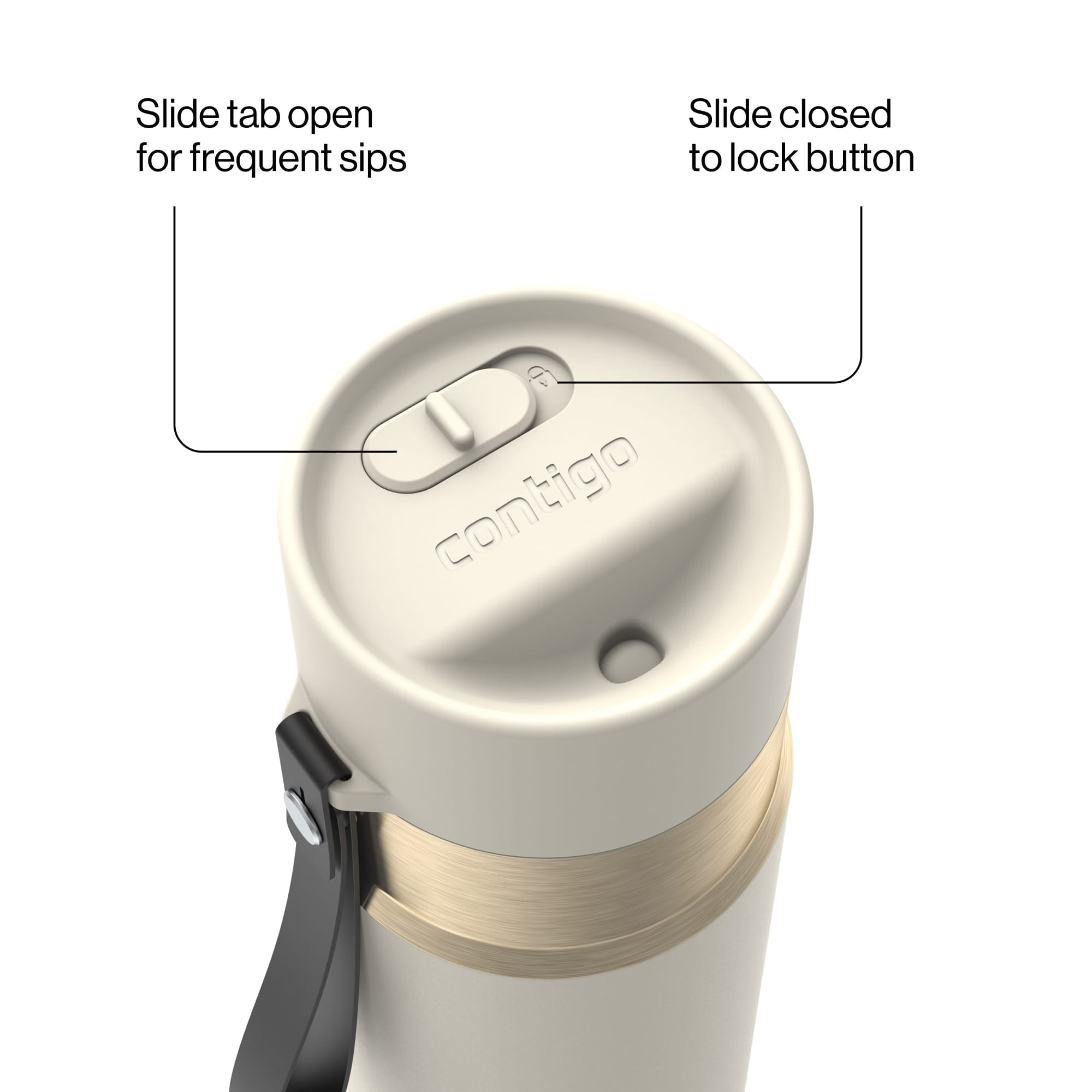 Contigo AutoSeal Leakproof Stainless Steel Reusable Water Bottle Tumbler with Carrying Strap, Cream/Champagne, 24 oz M19Y