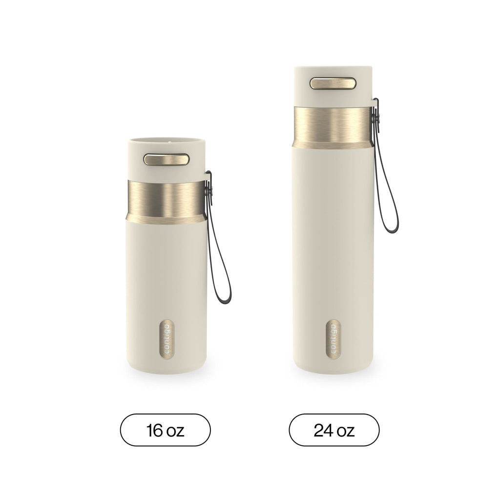 Contigo AutoSeal Leakproof Stainless Steel Reusable Water Bottle Tumbler with Carrying Strap, Cream/Champagne, 24 oz M19Y