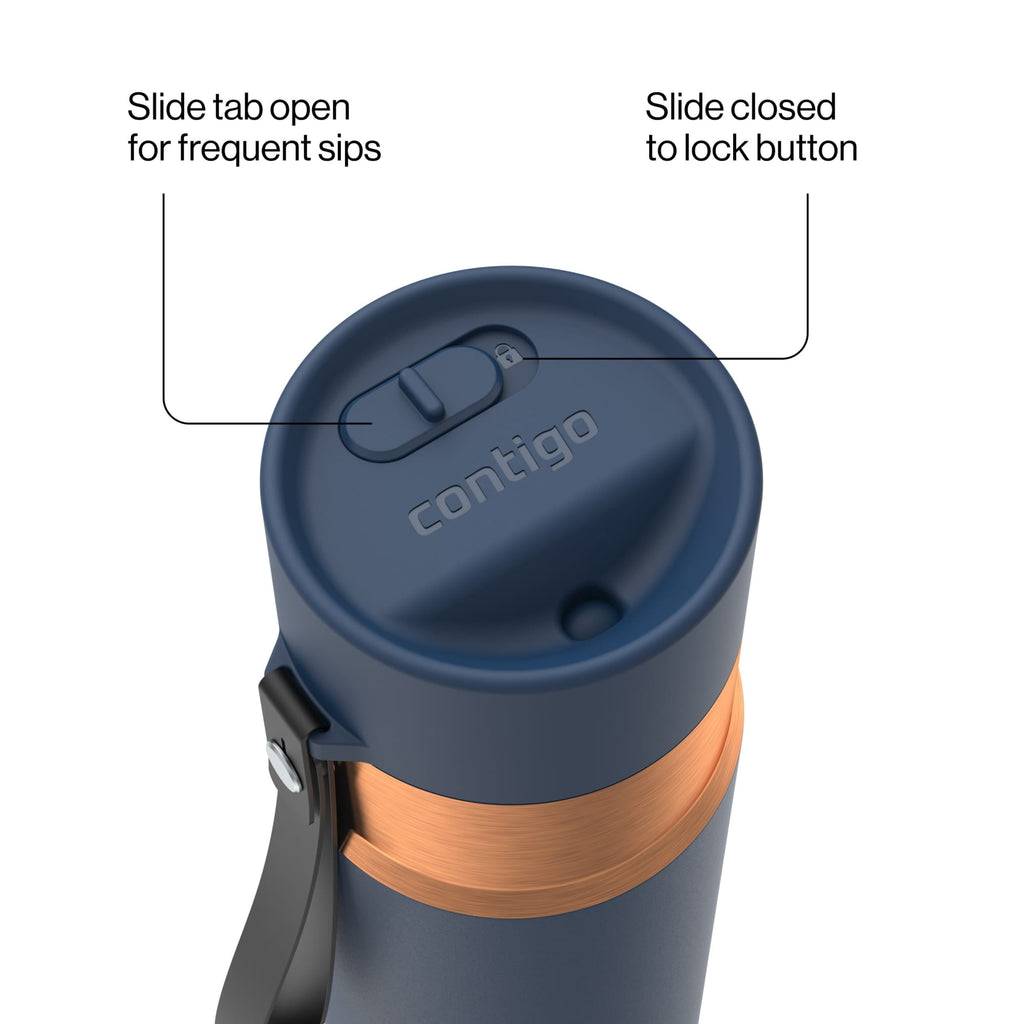 Contigo AutoSeal Leakproof Stainless Steel Reusable Water Bottle Tumbler with Carrying Strap, Cream/Champagne, 24 oz M19Y