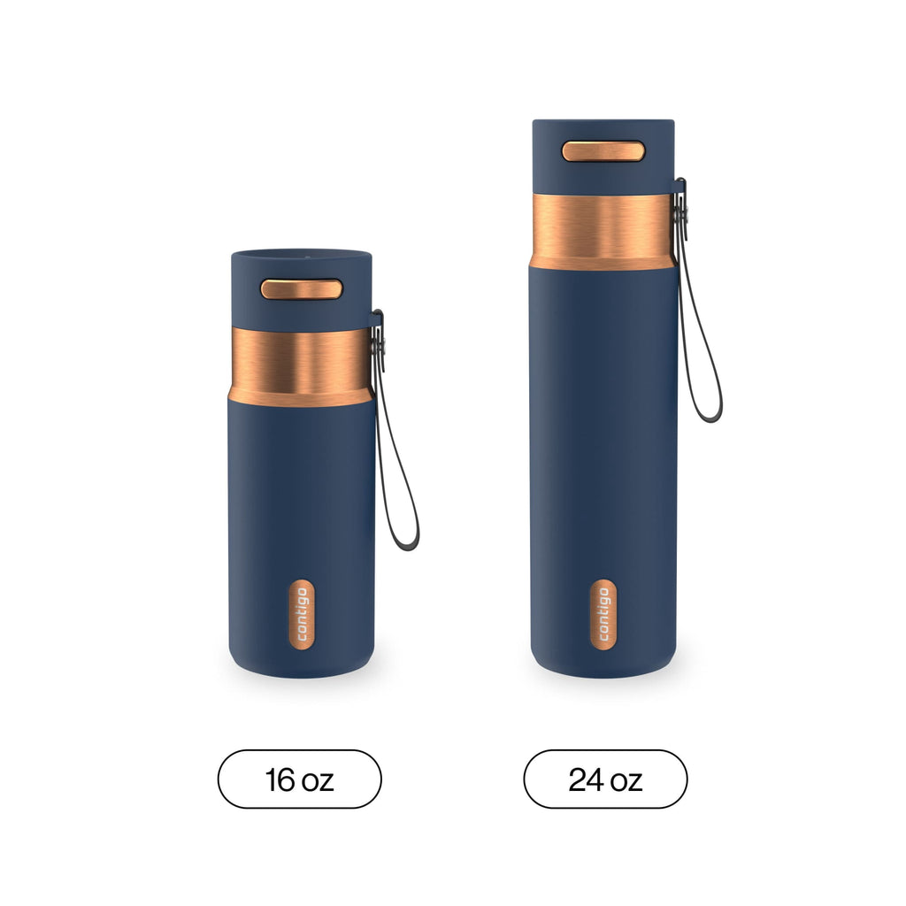 Contigo AutoSeal Leakproof Stainless Steel Reusable Water Bottle Tumbler with Carrying Strap, Cream/Champagne, 24 oz M19Y
