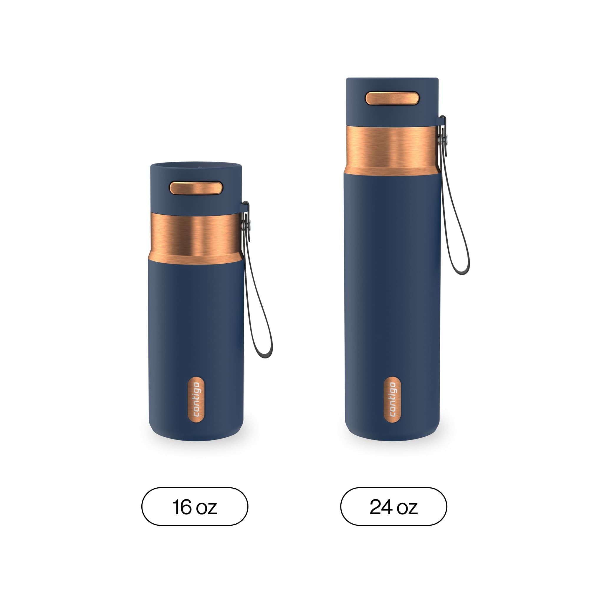 Contigo AutoSeal Leakproof Stainless Steel Reusable Water Bottle Tumbler with Carrying Strap, Cream/Champagne, 24 oz M19Y