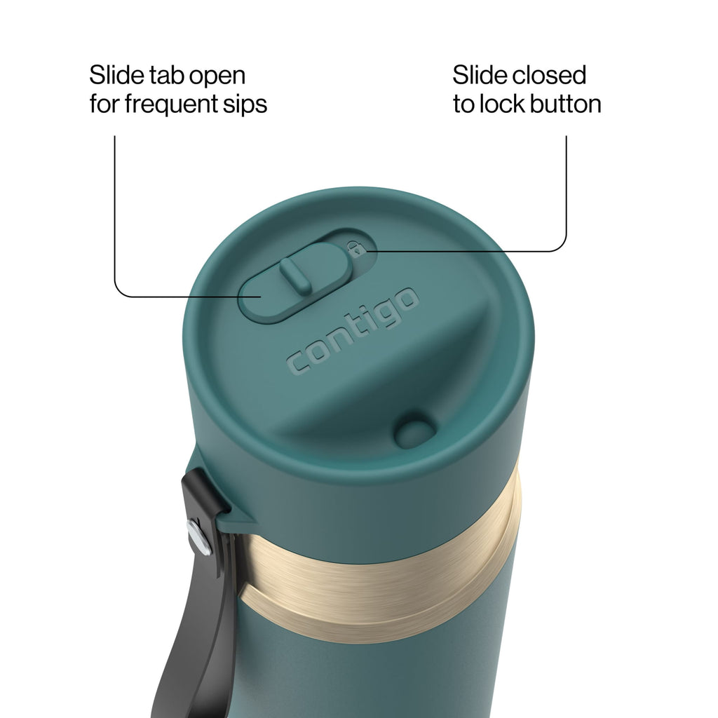 Contigo AutoSeal Leakproof Stainless Steel Reusable Water Bottle Tumbler with Carrying Strap, Cream/Champagne, 24 oz M19Y