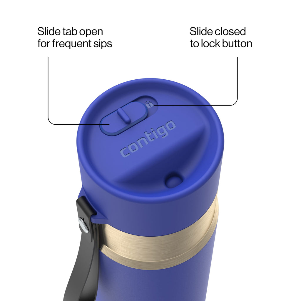 Contigo AutoSeal Leakproof Stainless Steel Reusable Water Bottle Tumbler with Carrying Strap, Cream/Champagne, 24 oz M19Y