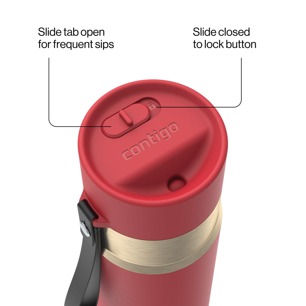 Contigo AutoSeal Leakproof Stainless Steel Reusable Water Bottle Tumbler with Carrying Strap, Cream/Champagne, 24 oz M19Y