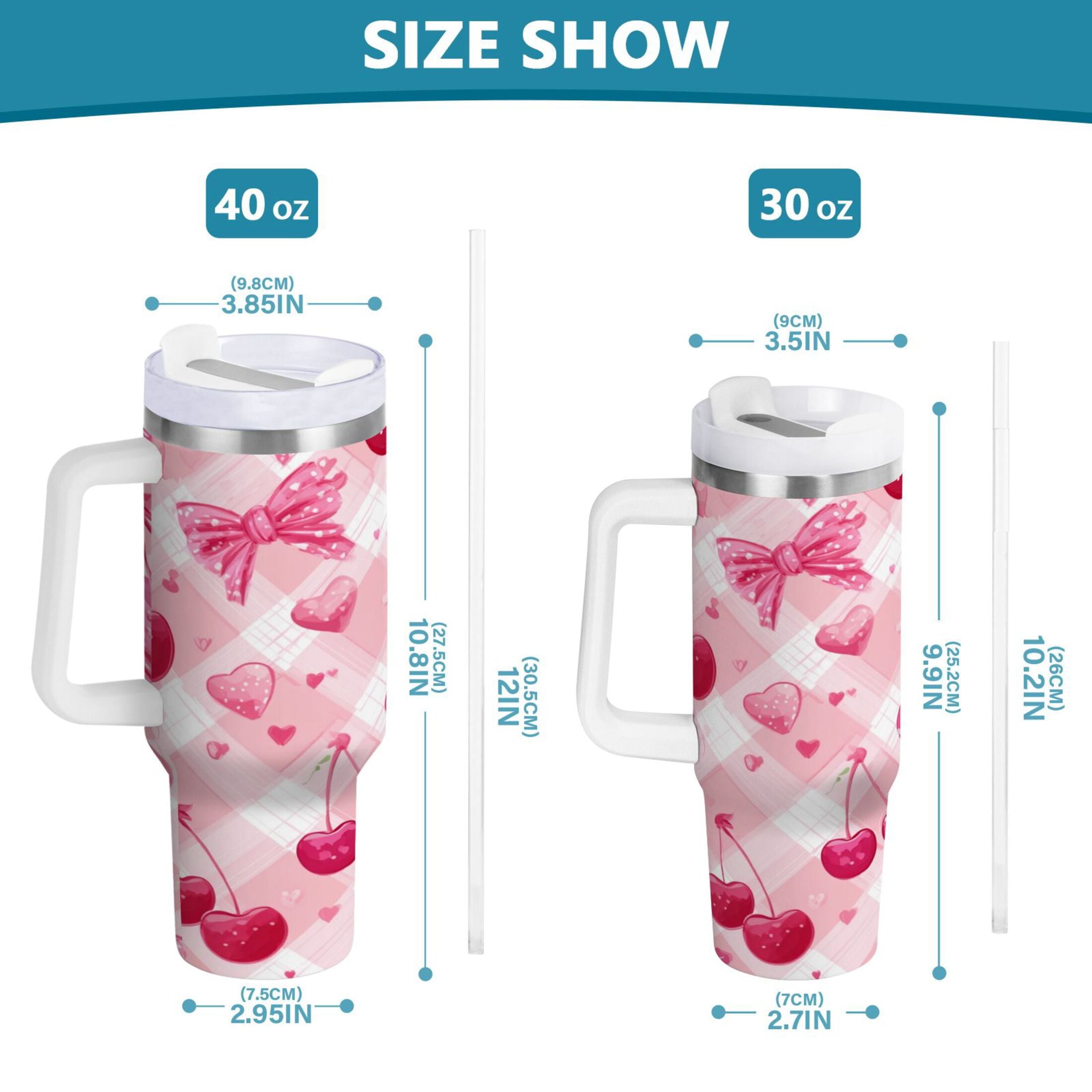 30 oz Insulated Stainless Steel Tumbler Double Wall Stainless Steel Tumbler with 2-Way Drinking Cherry and Pink Bow Pattern M617L