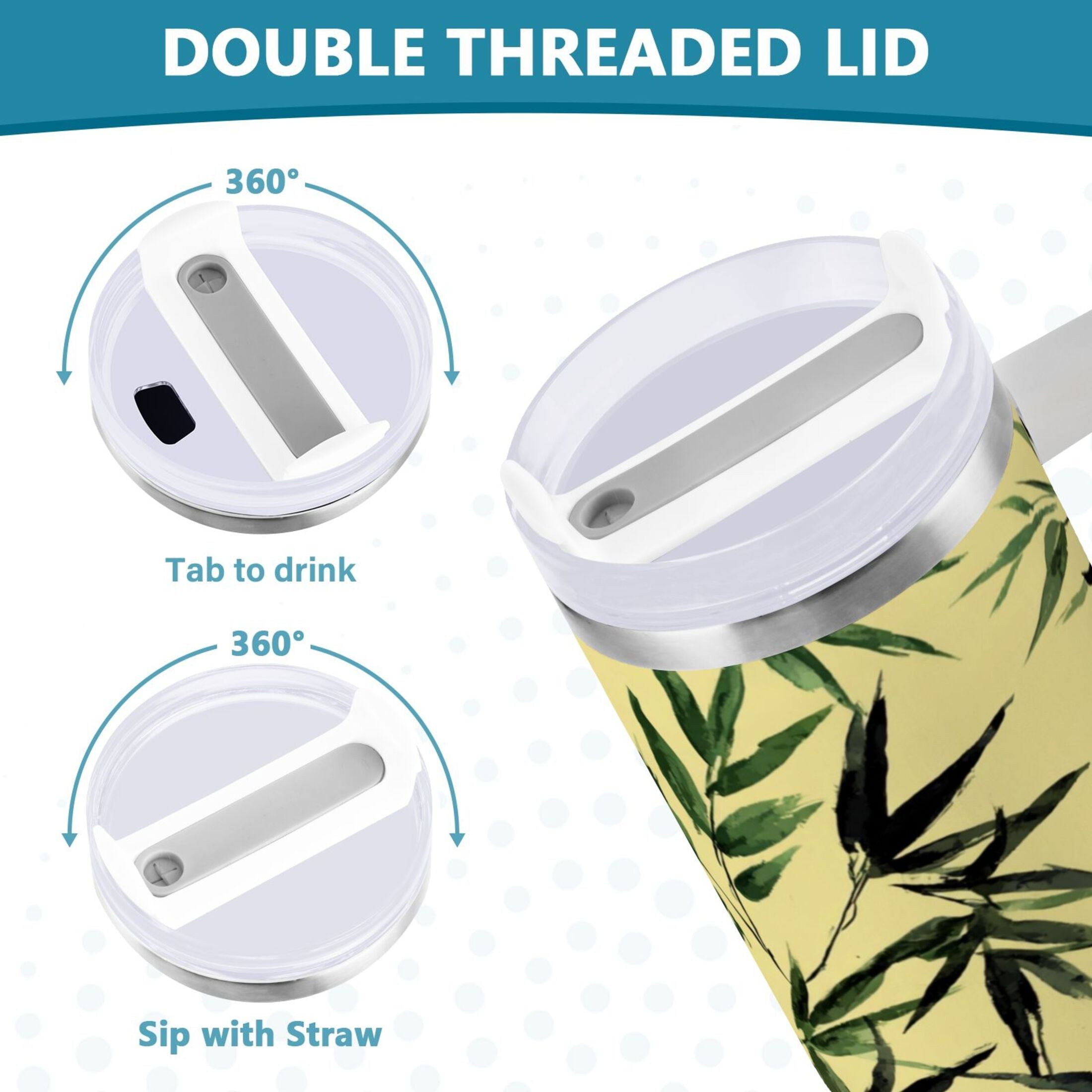 30 oz Insulated Stainless Steel Tumbler Double Wall Stainless Steel Tumbler with 2-Way Drinking Bamboo and Green Leaves M633Z