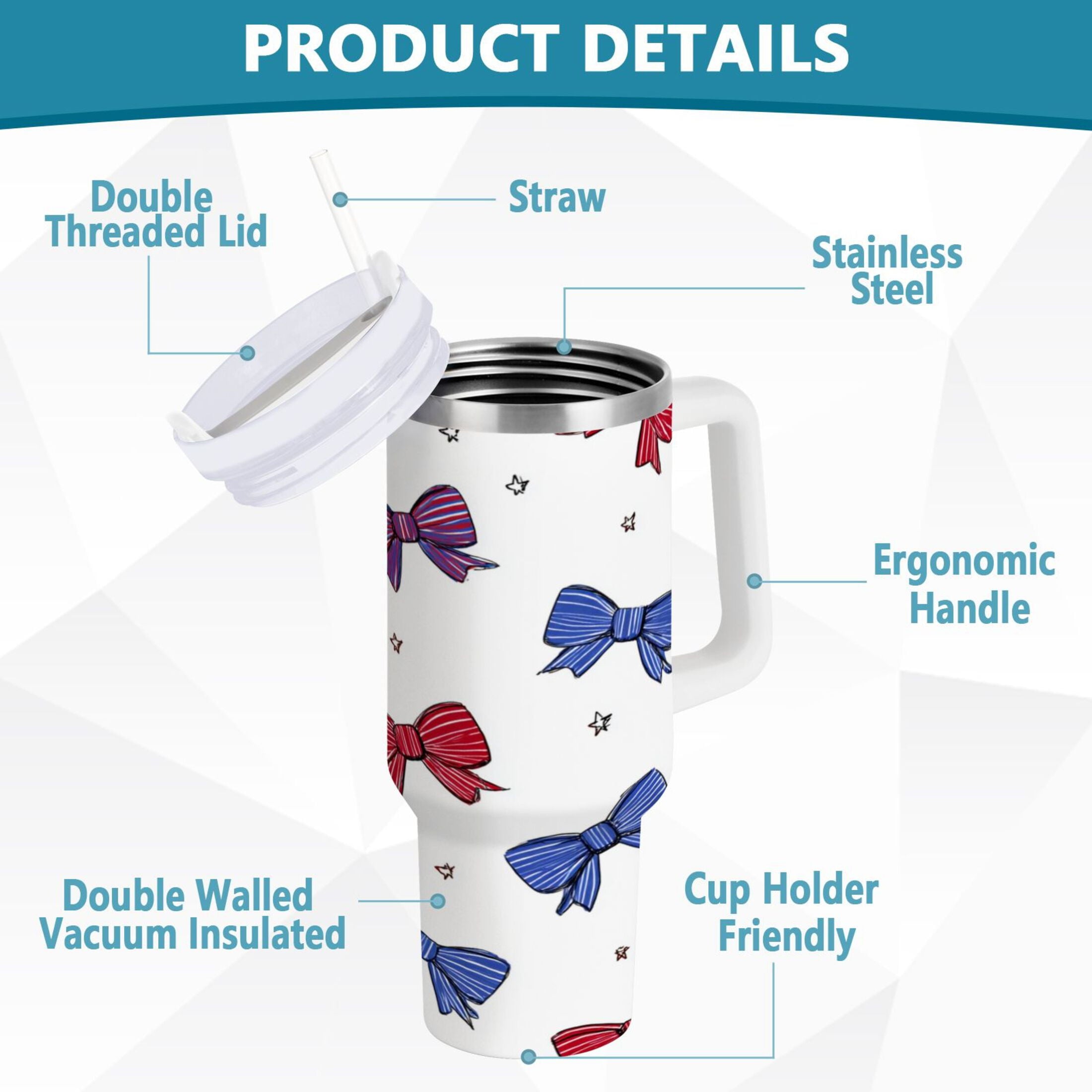 30 oz Insulated Stainless Steel Tumbler Double Wall Stainless Steel Tumbler with 2-Way Drinking Red and Blue Stripe Bows M656U
