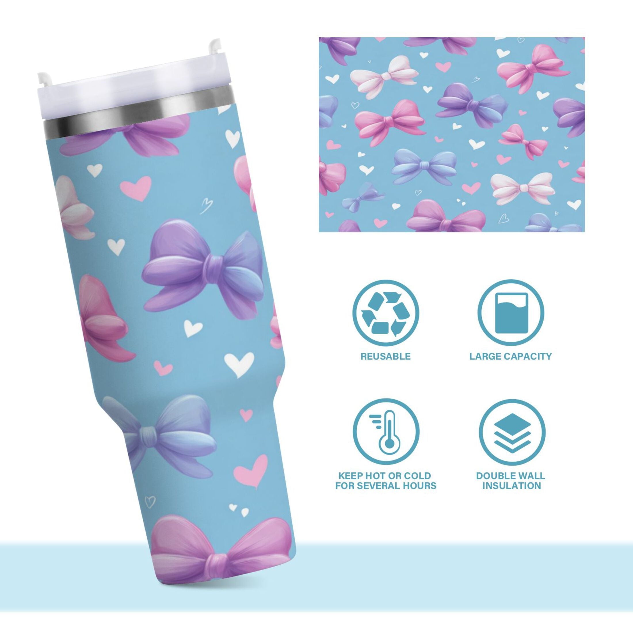 30 oz Insulated Stainless Steel Tumbler Double Wall Stainless Steel Tumbler with 2-Way Drinking Pink and Purple Bows M526Z