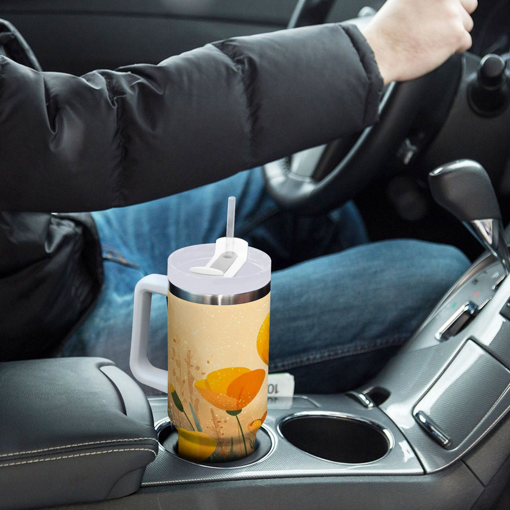 30 oz Insulated Stainless Steel Tumbler Double Wall Stainless Steel Tumbler with 2-Way Drinking Yellow Flowers on The Grass M594P