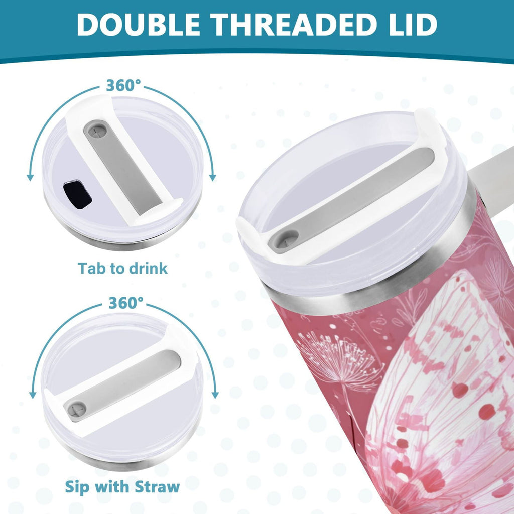 30 oz Insulated Stainless Steel Tumbler Double Wall Stainless Steel Tumbler with 2-Way Drinking Soft Pink Butterfly M561N