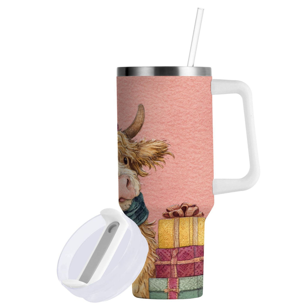 30 oz Insulated Stainless Steel Tumbler Double Wall Stainless Steel Tumbler with 2-Way Drinking Cow Wearing Scarf and Hat M663E