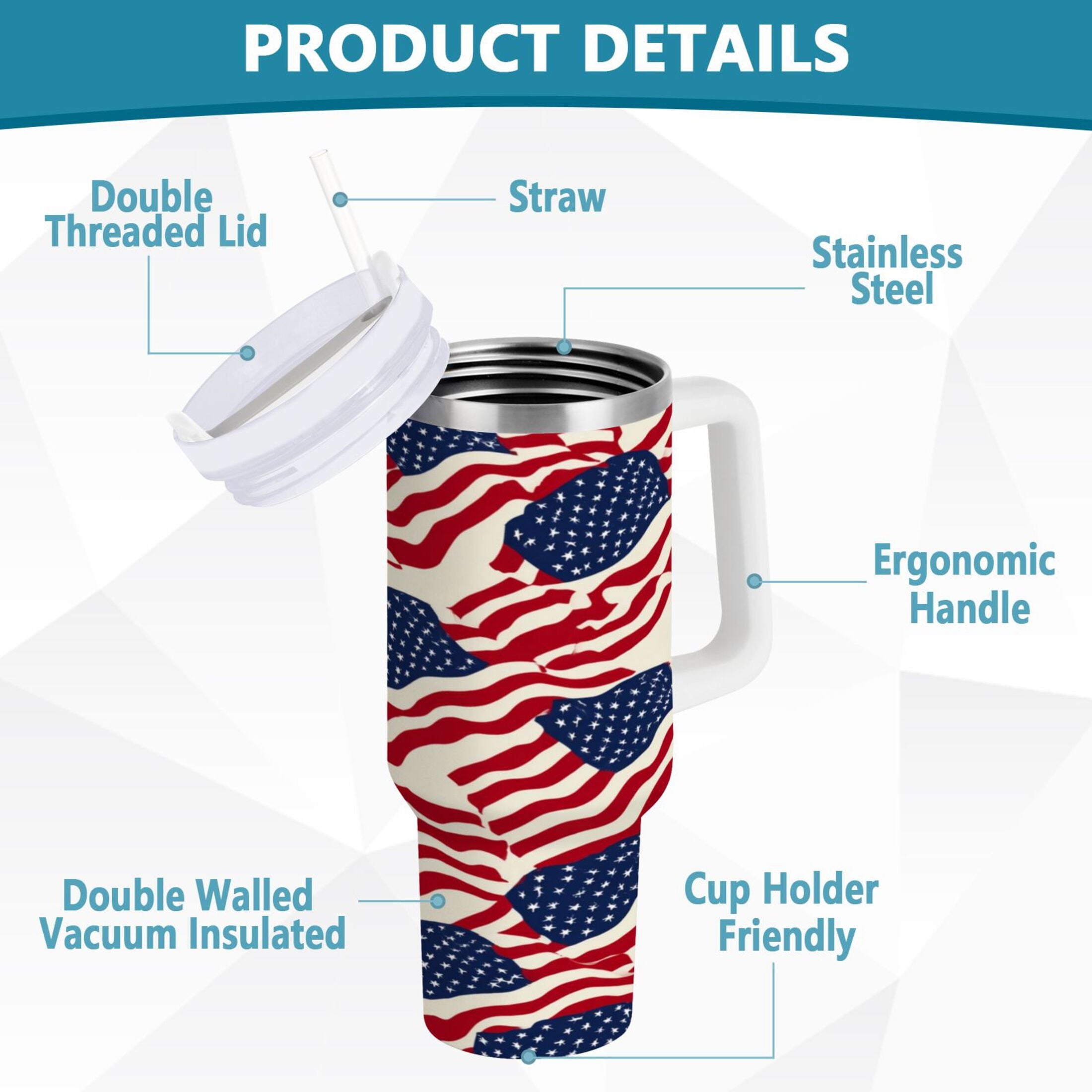 40 oz Insulated Stainless Steel Tumbler Double Wall Stainless Steel Tumbler with 2-Way Drinking Flags Abstract Design M607B