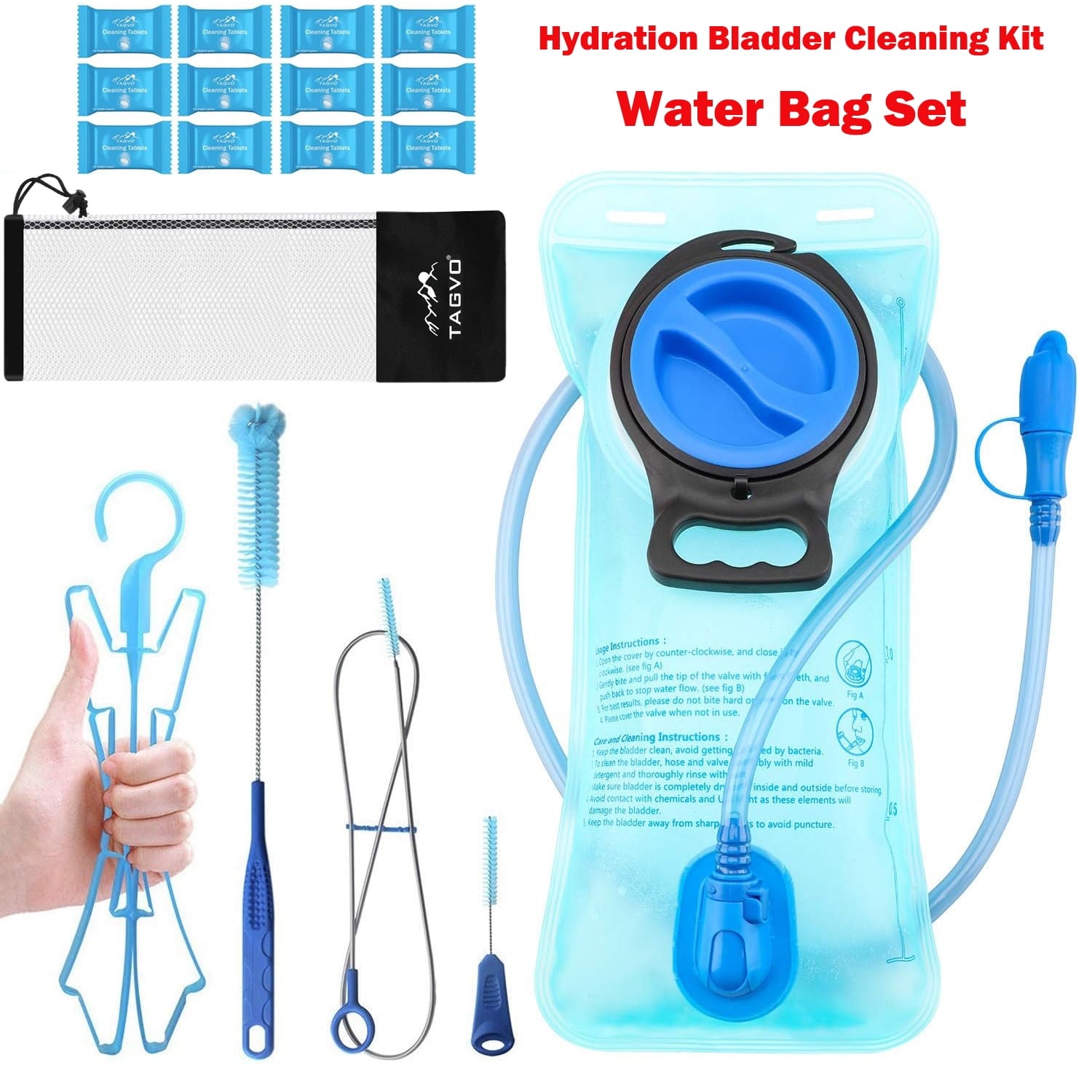 TAGVO Hydration Bladder 2 Liter BPA Free 70oz + Cleaning Brushes Kit, Leakproof Water Bladder Travel Reservoir Hydration Bag, Easy Cleaning by 3 Brushes and Air Drying by Collapsible Frame M383H