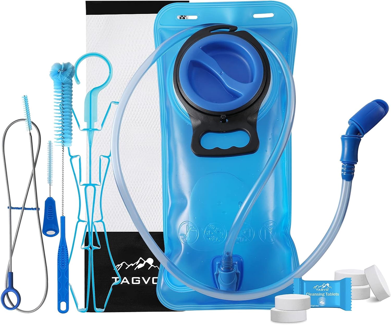 TAGVO Hydration Bladder 2 Liter BPA Free 70oz + Cleaning Brushes Kit, Leakproof Water Bladder Travel Reservoir Hydration Bag, Easy Cleaning by 3 Brushes and Air Drying by Collapsible Frame M383H