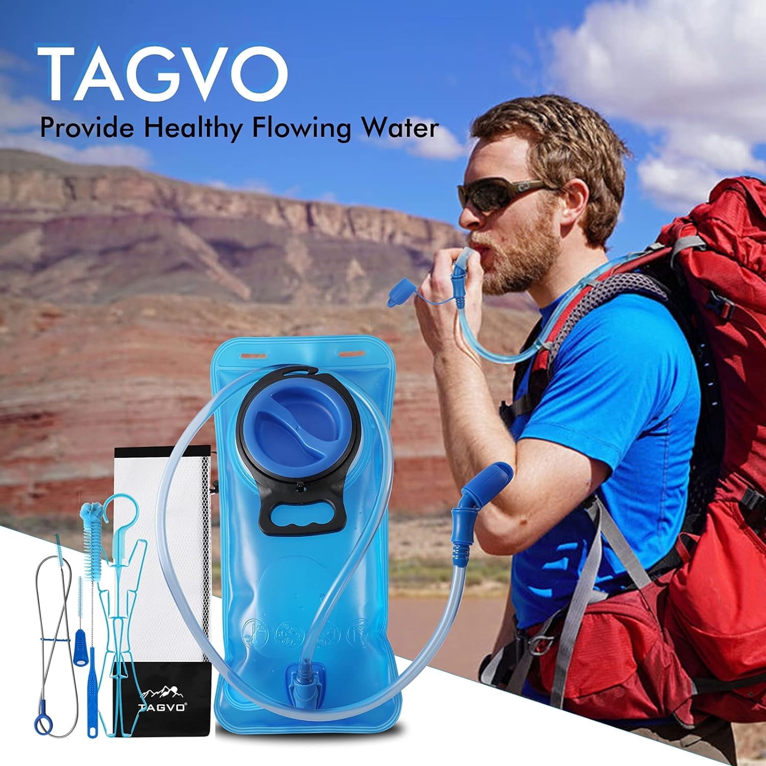 TAGVO Hydration Bladder 2 Liter BPA Free 70oz + Cleaning Brushes Kit, Leakproof Water Bladder Travel Reservoir Hydration Bag, Easy Cleaning by 3 Brushes and Air Drying by Collapsible Frame M383H