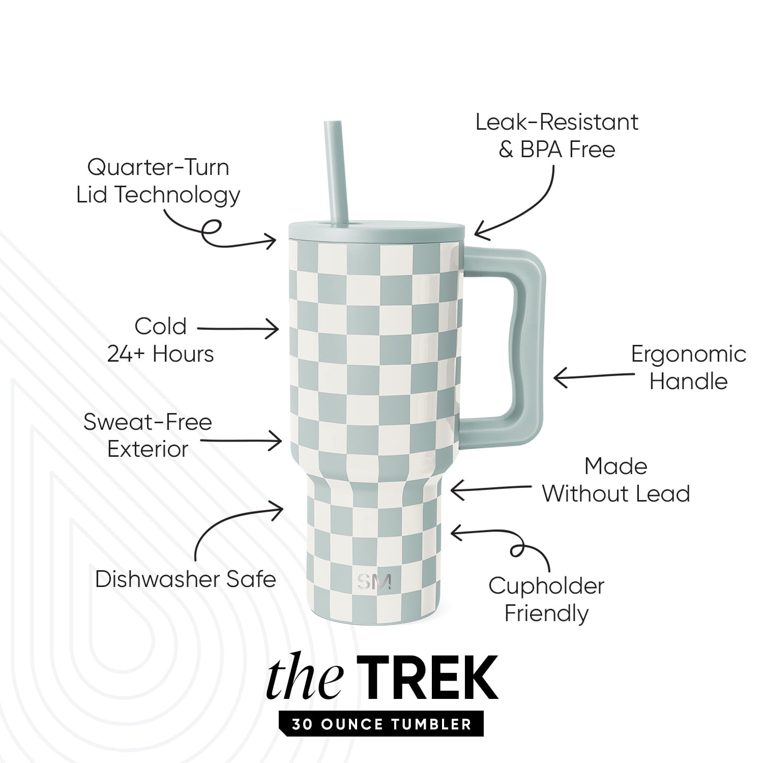 Simple Modern 30 fl oz Insulated Stainless Steel Trek Tumbler with Straw Lid | Seaglass Sage and Cream Checkmate M690P