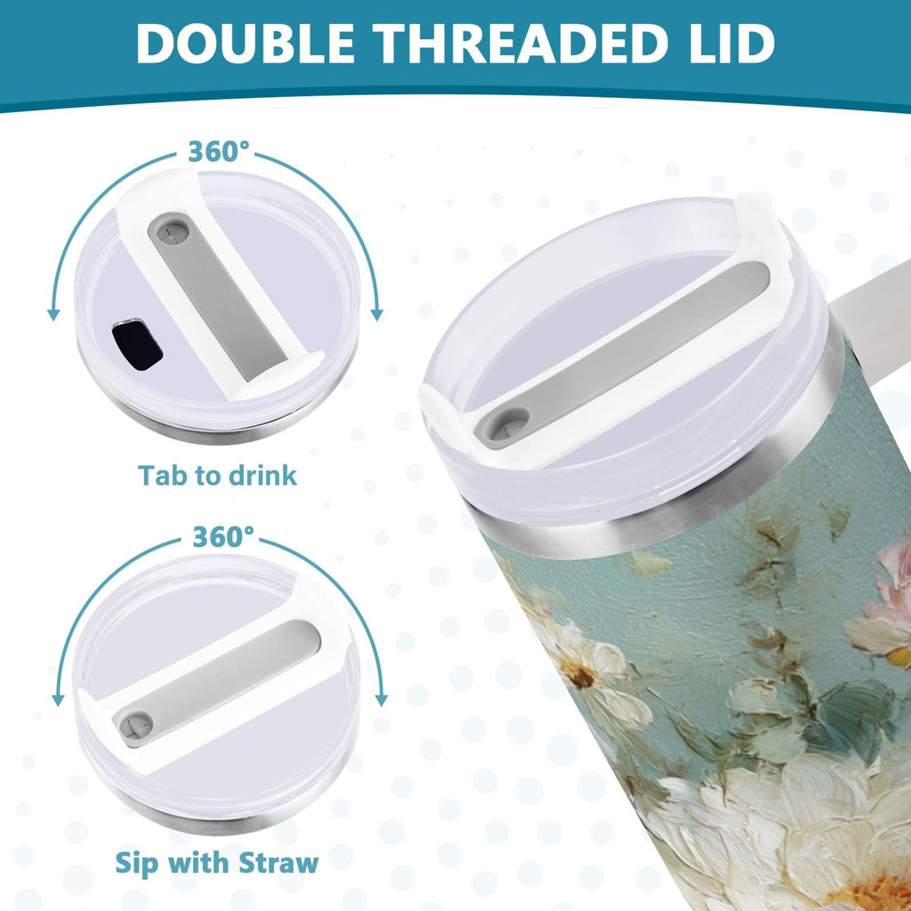 40 oz Insulated Stainless Steel Tumbler Double Wall Stainless Steel Tumbler with 2-Way Drinking Vintage Peonies and Daisies M677X